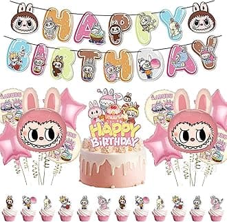 Kawaii Cartoon Monsters Birthday Party Decorations Set, Happy Birthday Banner, Balloon Bouquet, Cake Topper, Cupcake Toppers for Kawaii Theme Supplies(Colorful)