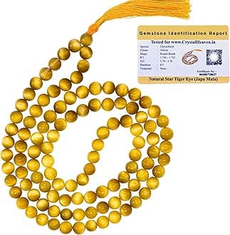Certified Yellow Cat's Eye Crystal Japa Mala Saadi - 108 Beads Buddhist Prayer Beads - AAA Grade Original Healing Gemstone Agate Mala for Yoga Meditation Spiritual Reiki Feng Shui