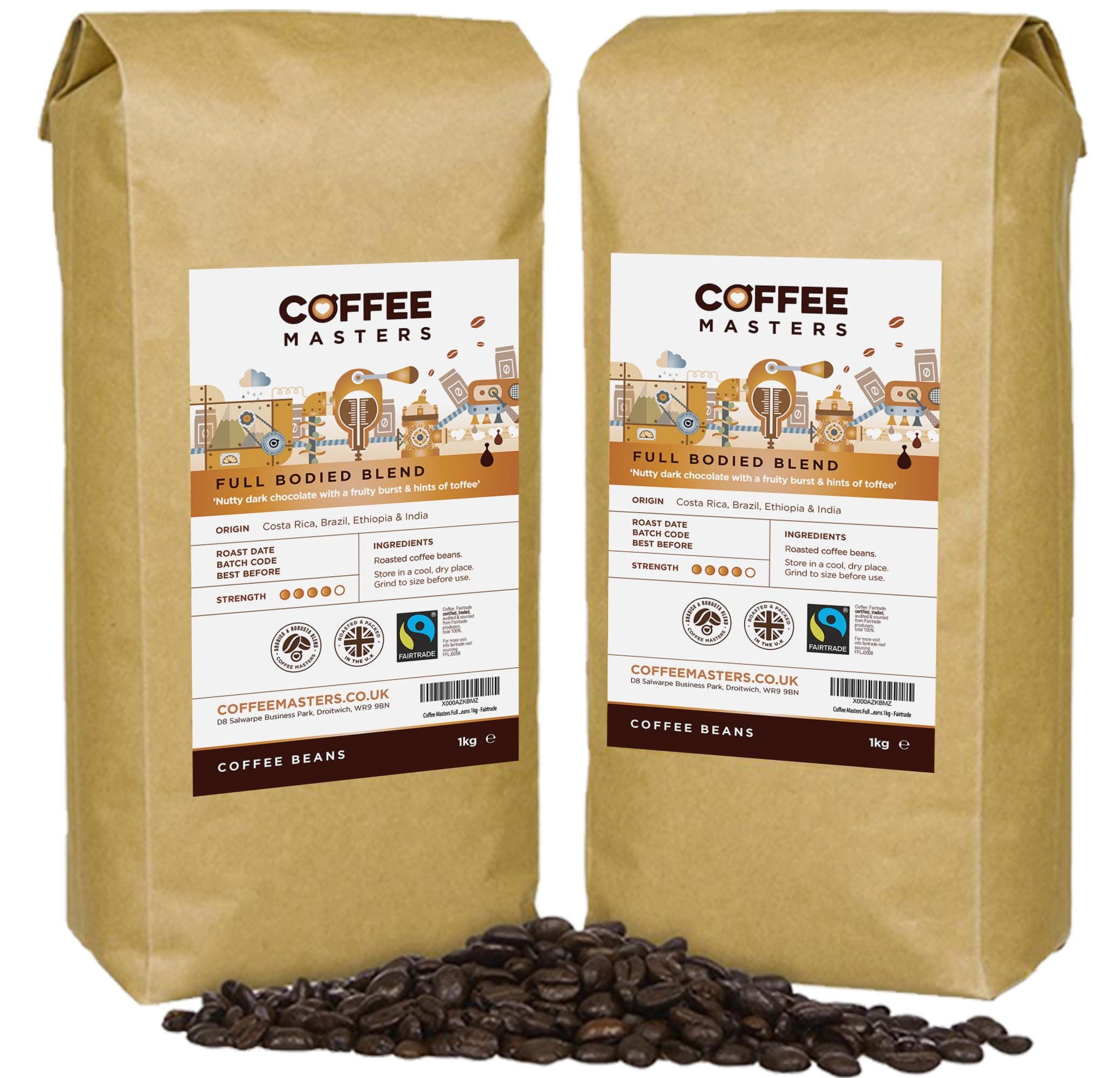 Coffee Masters Full Bodied Espresso Coffee Beans 2kg (2x1kg) - Medium Dark Roast Arabica Blend, Perfect for Barista Machines - Fairtrade Certified