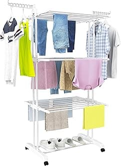 HOMIDEC Clothes Drying Rack, Large 4-Tier Foldable Drying Rack Clothing(67.7H x 19.7W x 30L Inches), Movable with 4 Castors. Multifunctional Stainless Steel Laundry Drying Rack, White