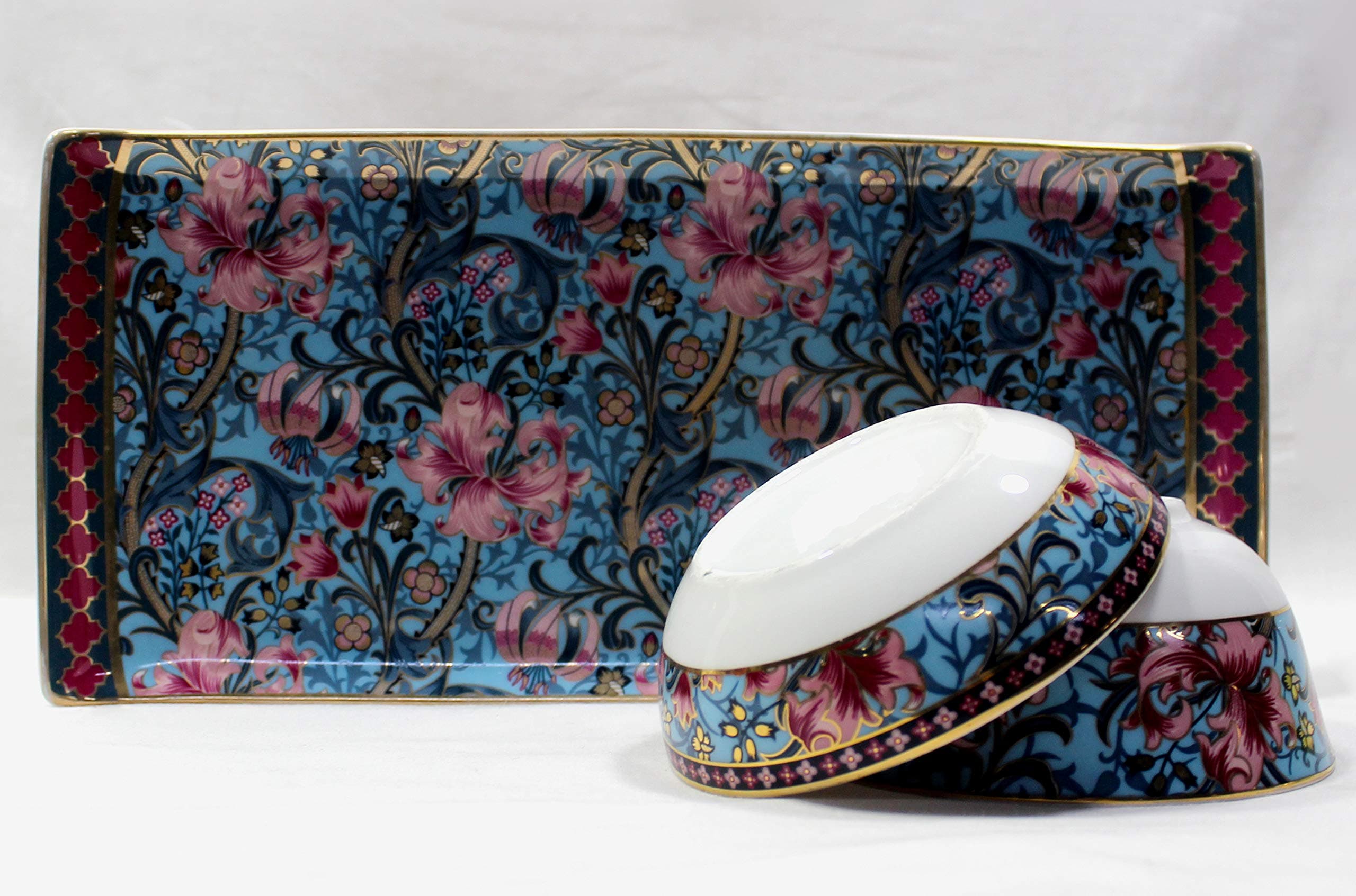 Vikas Khanna By Celeste Moksha Hand Craft 24K Gold Plated Ceramic Rectangular Tray with 2 Vegetable Bowls Color-Sky Blue