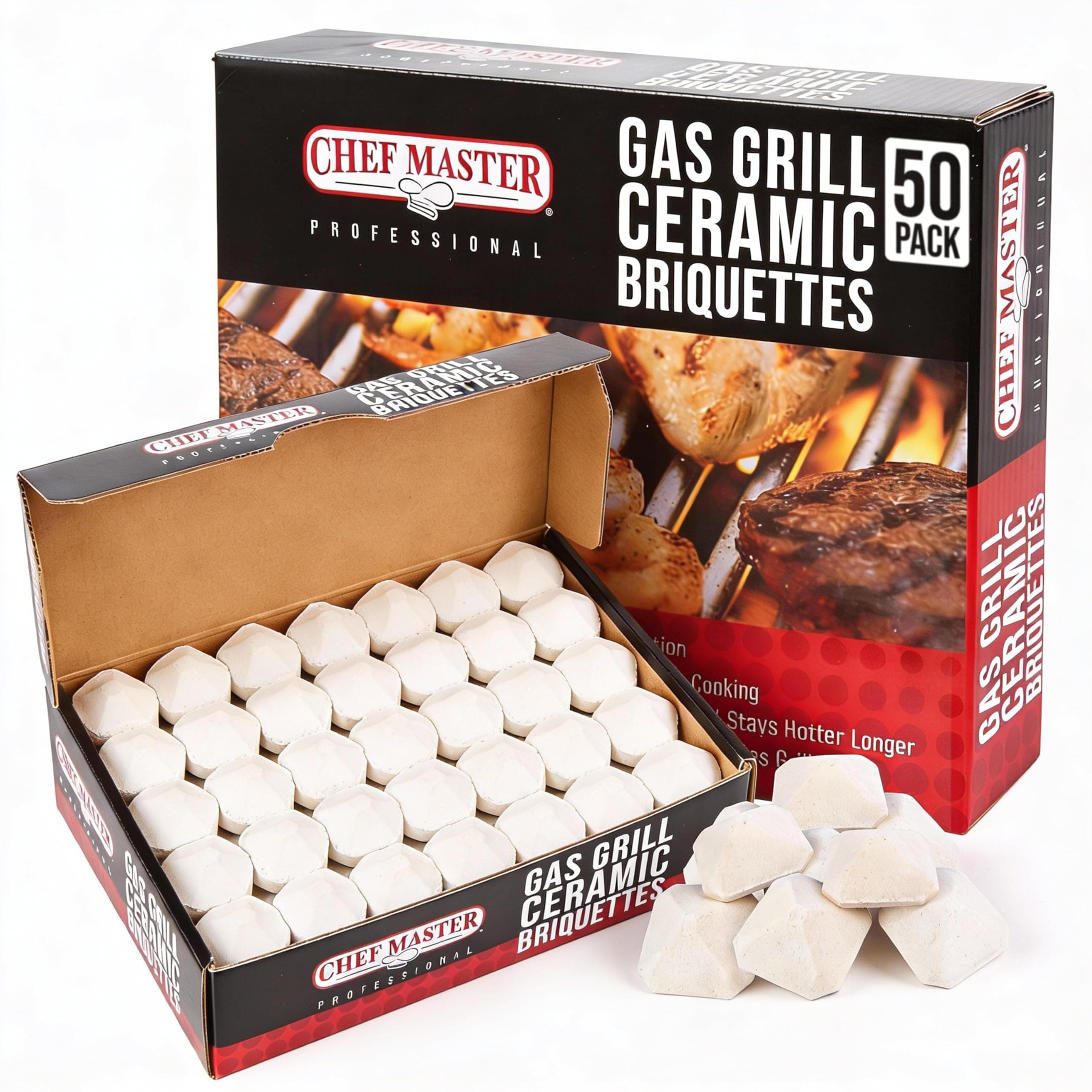 Chef Master 05004CM Ceramic Gas Grill Self Cleaning Briquettes, Replacement for Lava Rocks, Cleaner Cooking, Gas Grill Briquettes for BBQ Grill