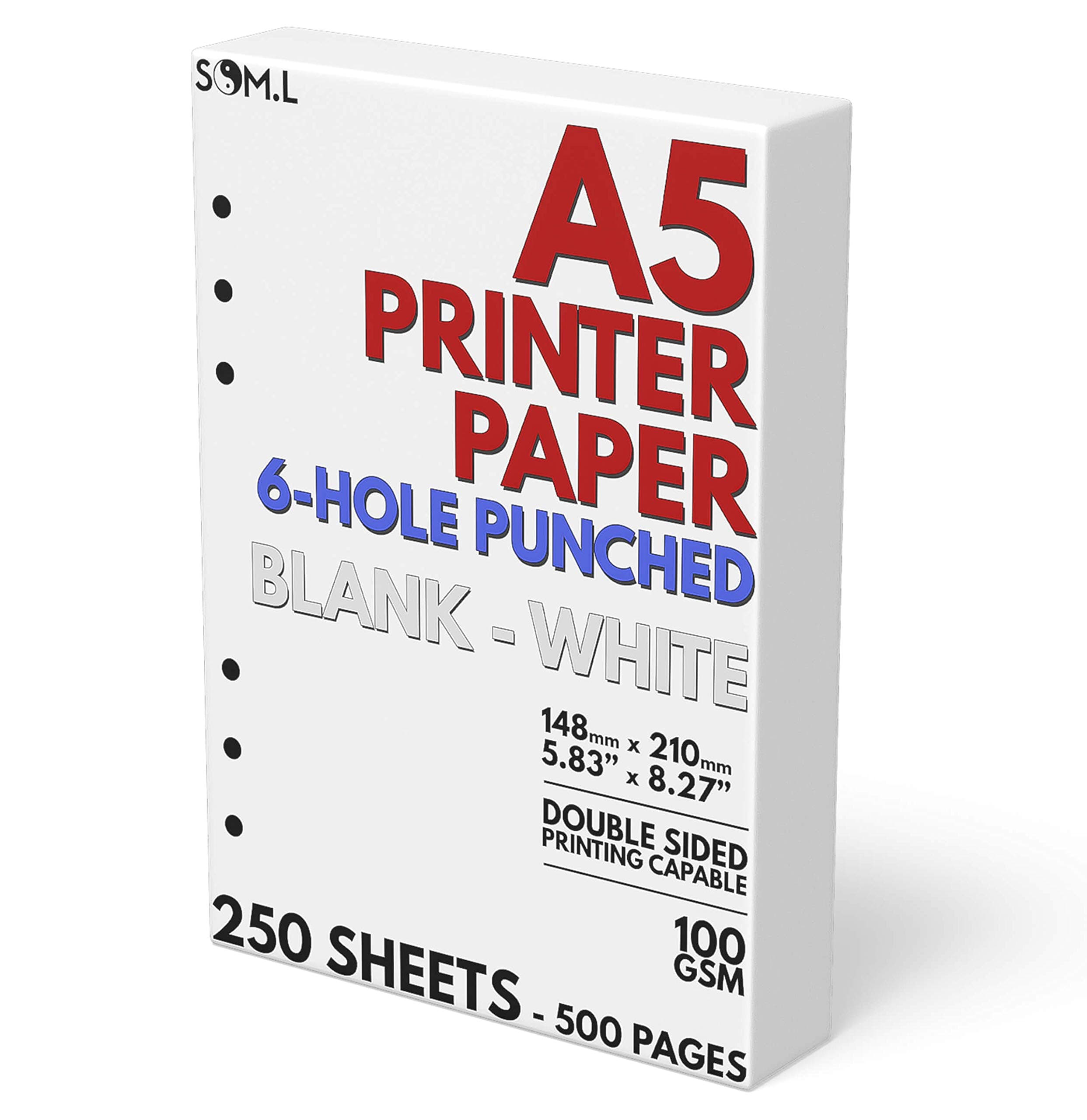 Sort Out My Life A5 Blank Paper 6-Hole Punched, 250 Sheets (500 Pages), 100 GSM, Printer Paper 148mm x 210mm (5.83 in. x 8.27 in.)