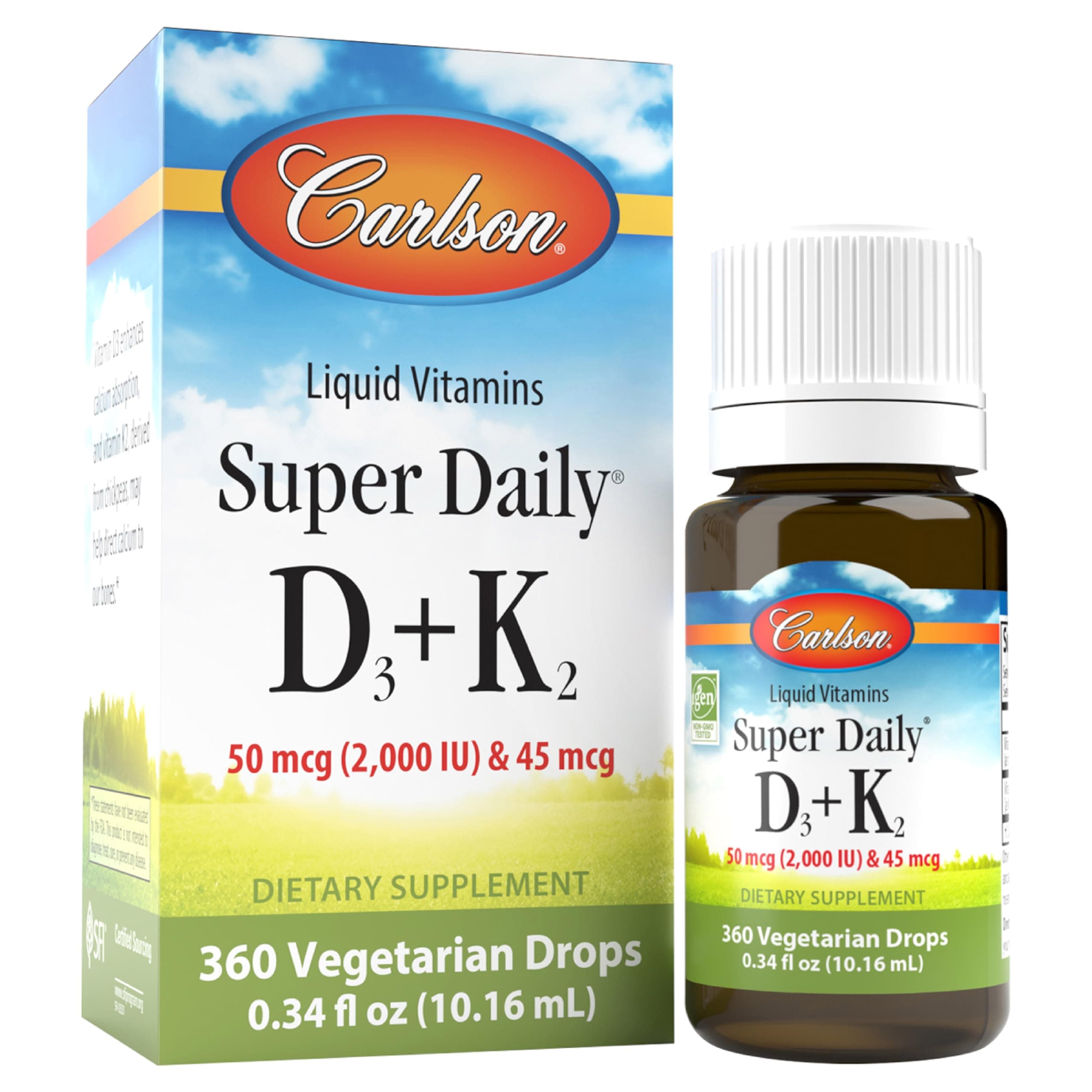Carlson Super Daily D3 + K2, 50 mcg D3 + 45 mcg MK-7, Heart & Bone Health, 360 Liquid Drops, 10.16 ml