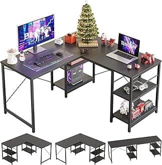 BestierL Shaped Desk with Shelves 86 Inch Reversible Corner Computer Desk or 2 Person Long Table for Home Office Large Gaming Writing Storage Workstation P2 Board with 3 Cable Holes, Carbon Fiber