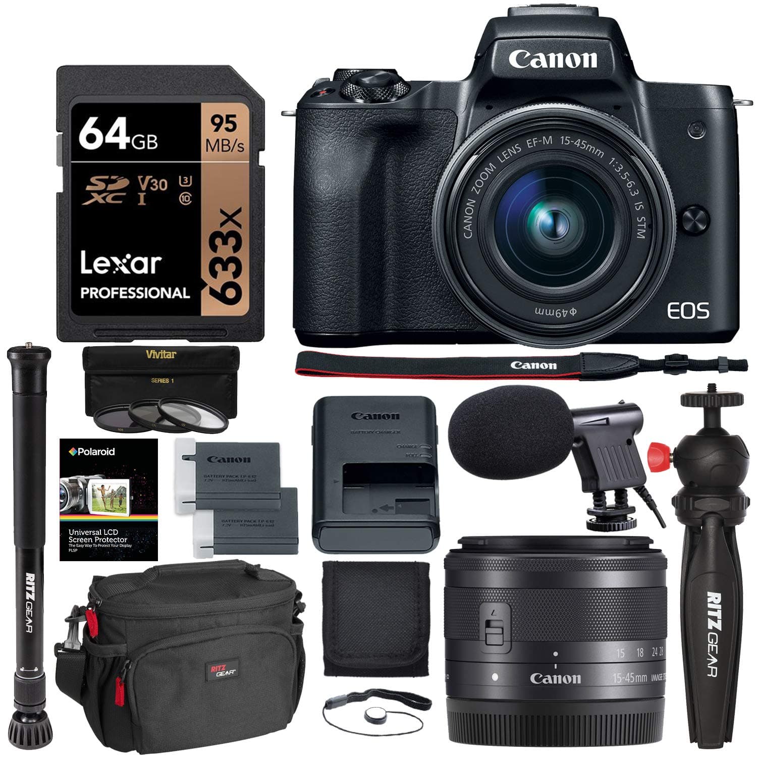 Canon EOS M50 15-45mm f/3.5-6.3 is STM Mirrorless Compact Travel Digital Camera Bundle, Includes 64gbU3 Video Memory Card, Camera Bag+ MiC+ Compact monopod+ Spare Battery &More