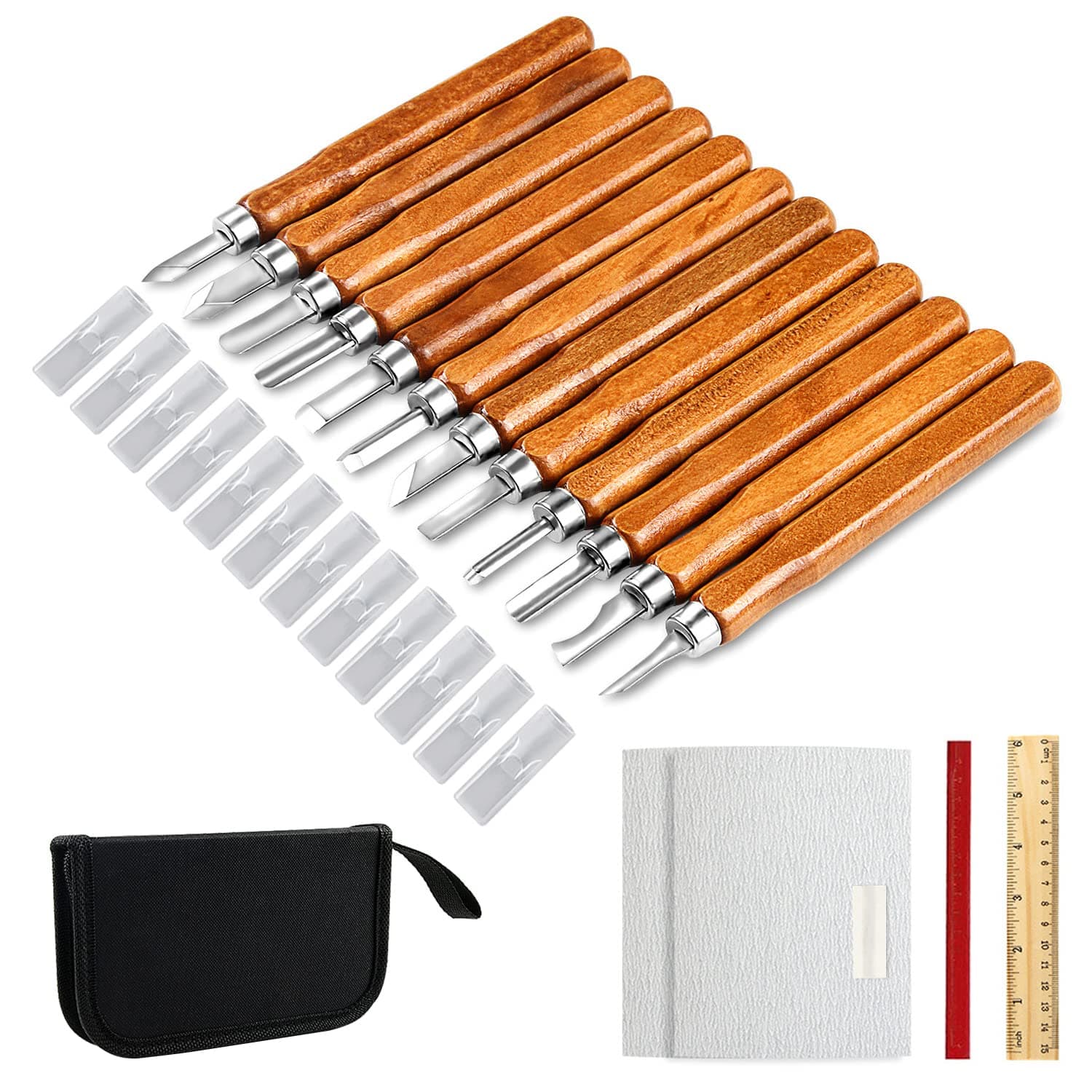 AUGSUN Wood Carving Knife Set, 20 PCS Wood Carving Kit Carbon Steel Wood Hand Carving Tool for DIY Sculpture Carpenter Experts Beginners