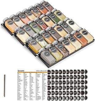 SpaceAid Spice Drawer Organizer with 28 Spice Jars, 386 Spice Labels, 4 Tier Seasoning Rack Tray Insert for Kitchen Drawers, 13" Wide x 17.5" Deep