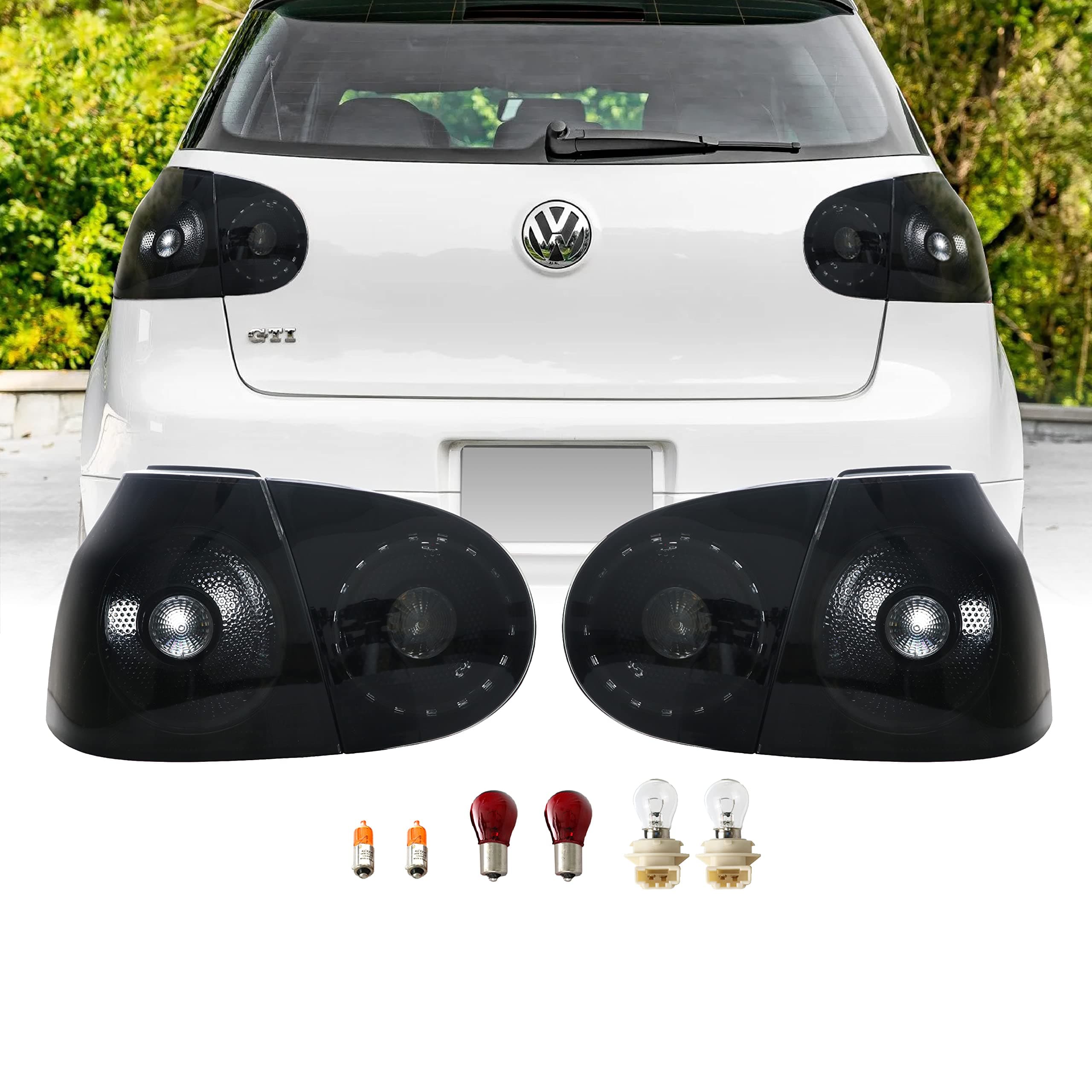 USR DEPO VW Golf 5 Tail Lights - Black/Smoke Rear Tail Lamps Set (Left + Right, Inner + Outer) Compatible with 2006-2009 Volkswagen Golf GTi Mk.5 Chassis (Smoked 4 Pieces)