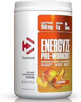 Dymatize Energyze Pre Workout Powder for Men and Women, Peach Mango, 150mg Caffeine, 5g BCAAs, Performance Blend of L-Theanine, L-Tyrosine, L-Citrulline, No Sugar (30 Servings)