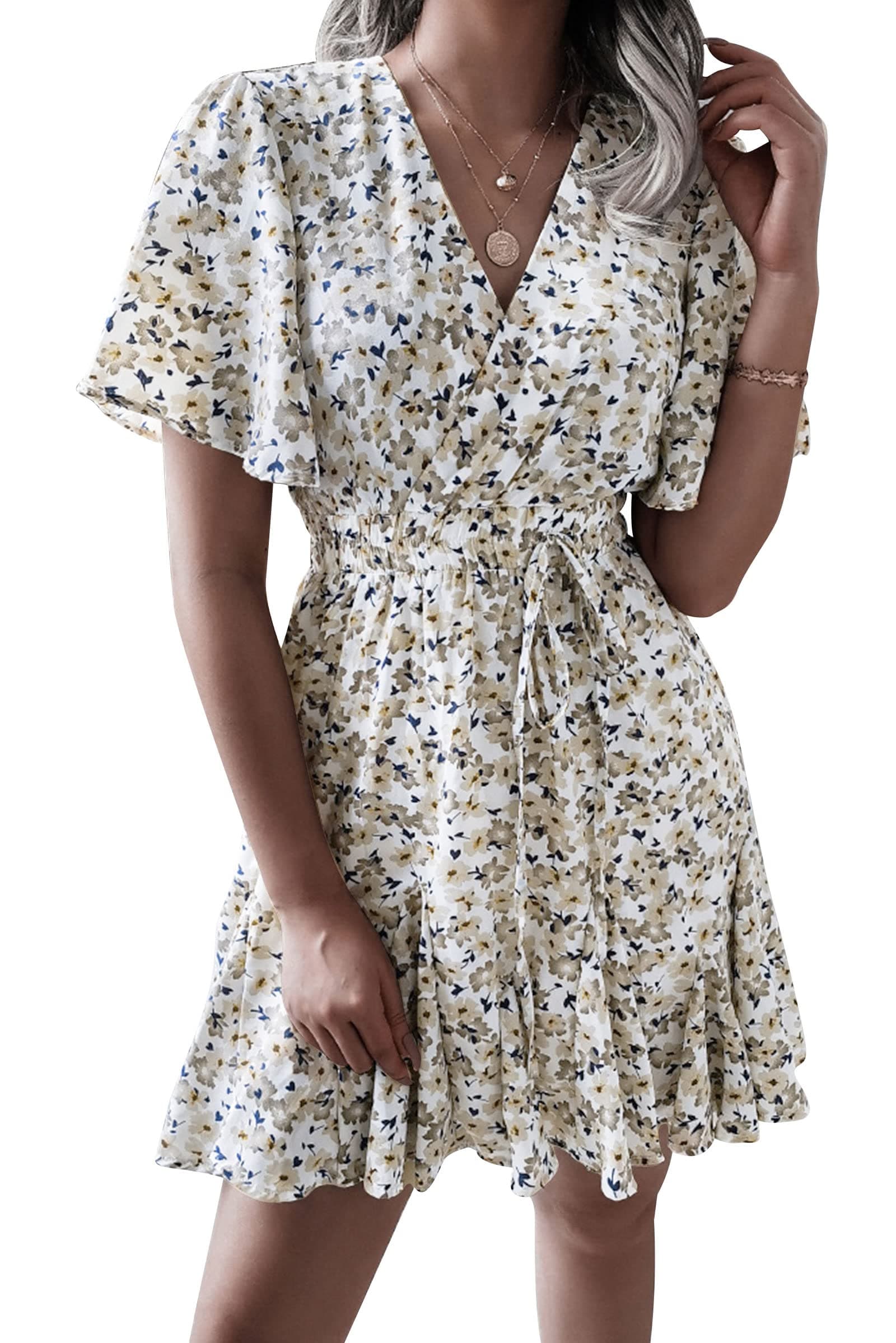 ALKAHE Summer Floral Printed Dresses V Neck Basic Swing Flowy Elastic Waist Short Sleeve Holiday Mini Dress