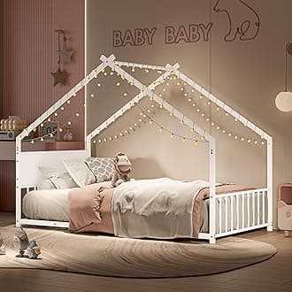 Twin Size Montessori Floor Bed with RGB LED Light, Twin Size House Floor Bed with High Headboard and Footboard, Twin Floor Bed with Slats, White