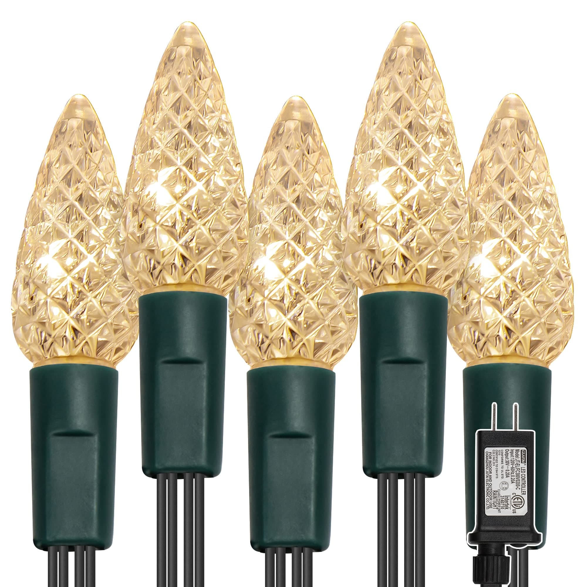 WATERGLIDE C6 Christmas Lights, 33ft 100 LED Faceted String Lights Green Wire Fairy Lights with 29V Safe Adaptor, 8 Lighting Mode, Waterproof for Indoor Outdoor Patio Xmas Tree Party Decor, Warm White