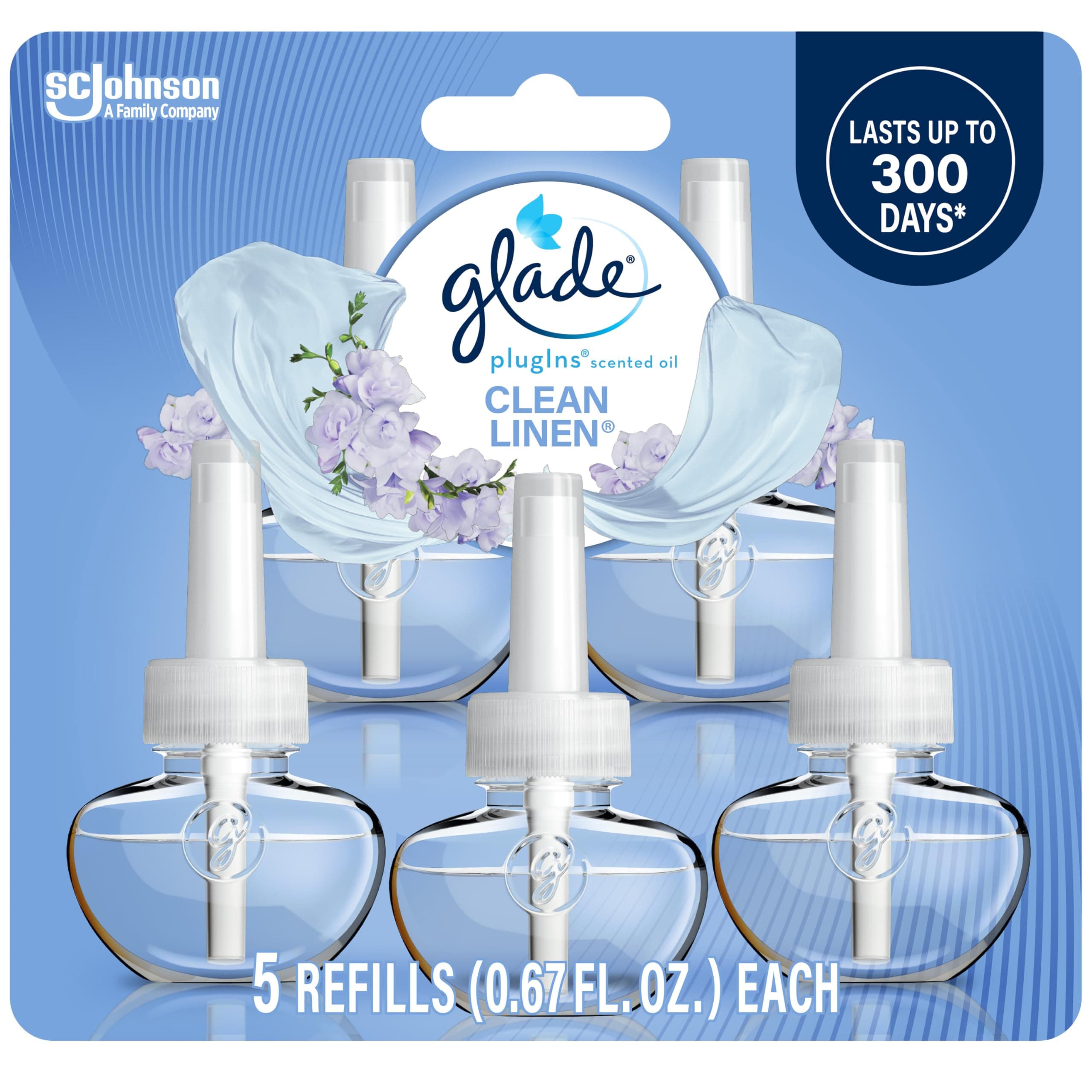 Glade PlugIns Refills Air Freshener, Scented and Essential Oils for Home and Bathroom, Clean Linen, 3.35 Fl Oz, 5 Count