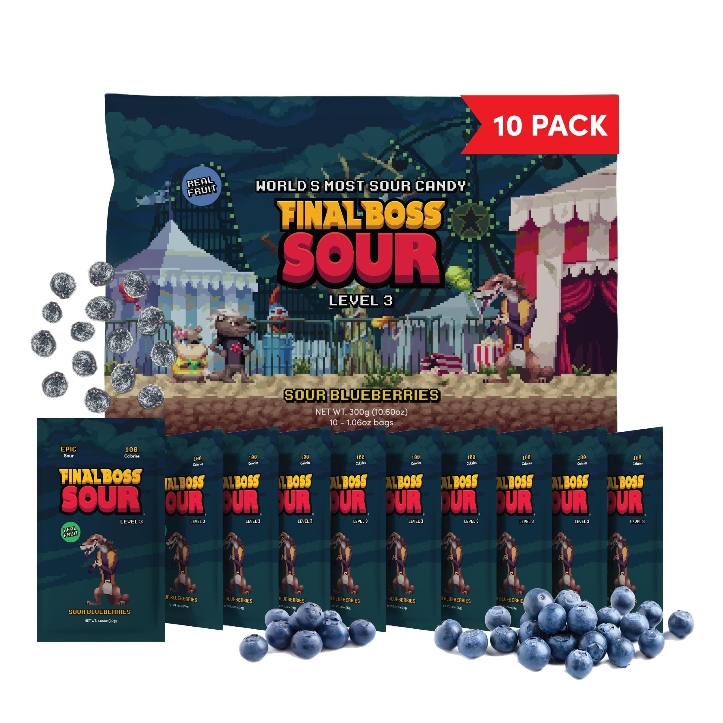 Sour Candy, Sour Blueberries, 10 Pack, Level 3, Fruit Chews with Real Dried Fruit, No Artificial Colors or Flavors, Low Calorie Snack for Kids, Teens, Adults, Lunch Boxes