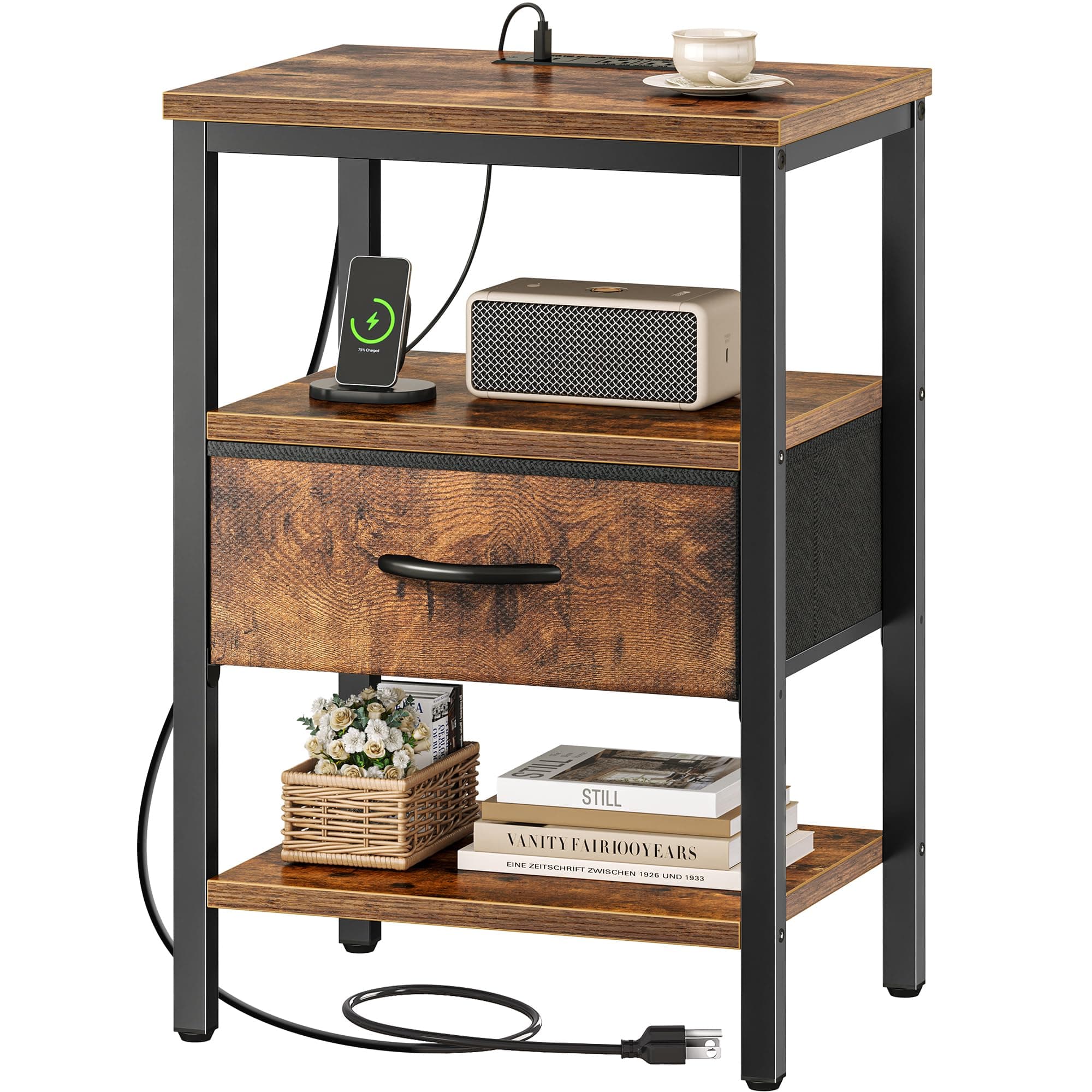 SUPERJARE Nightstand with Charging Station, Bed Side Table with Adjustable Fabric Drawer, Night Stand for Bedroom, 3-Tier Storage End Table, for Living Room, Rustic Brown