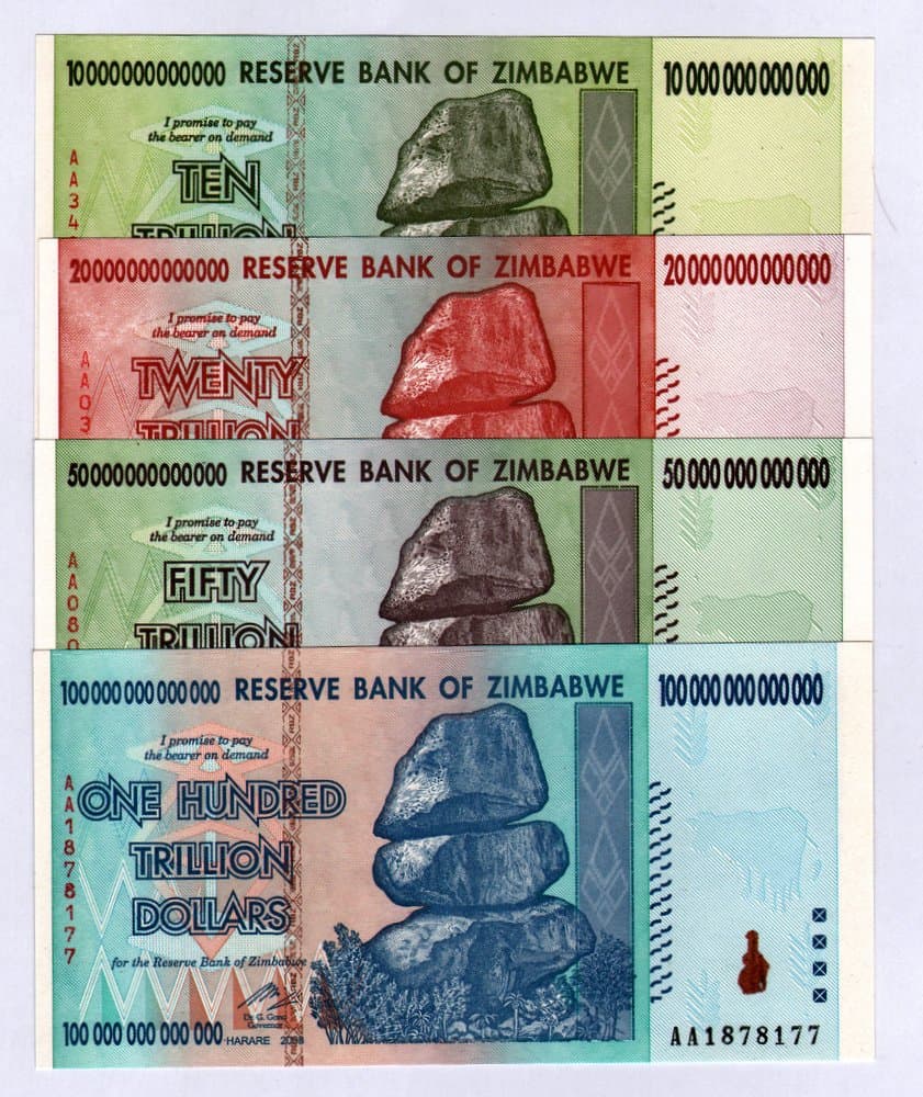 Currency Note Set - Zimbabwe 100, 50, 20 and 10 Trillion Dollar Note Bills, Obsolete Banknotes for Collectible Value