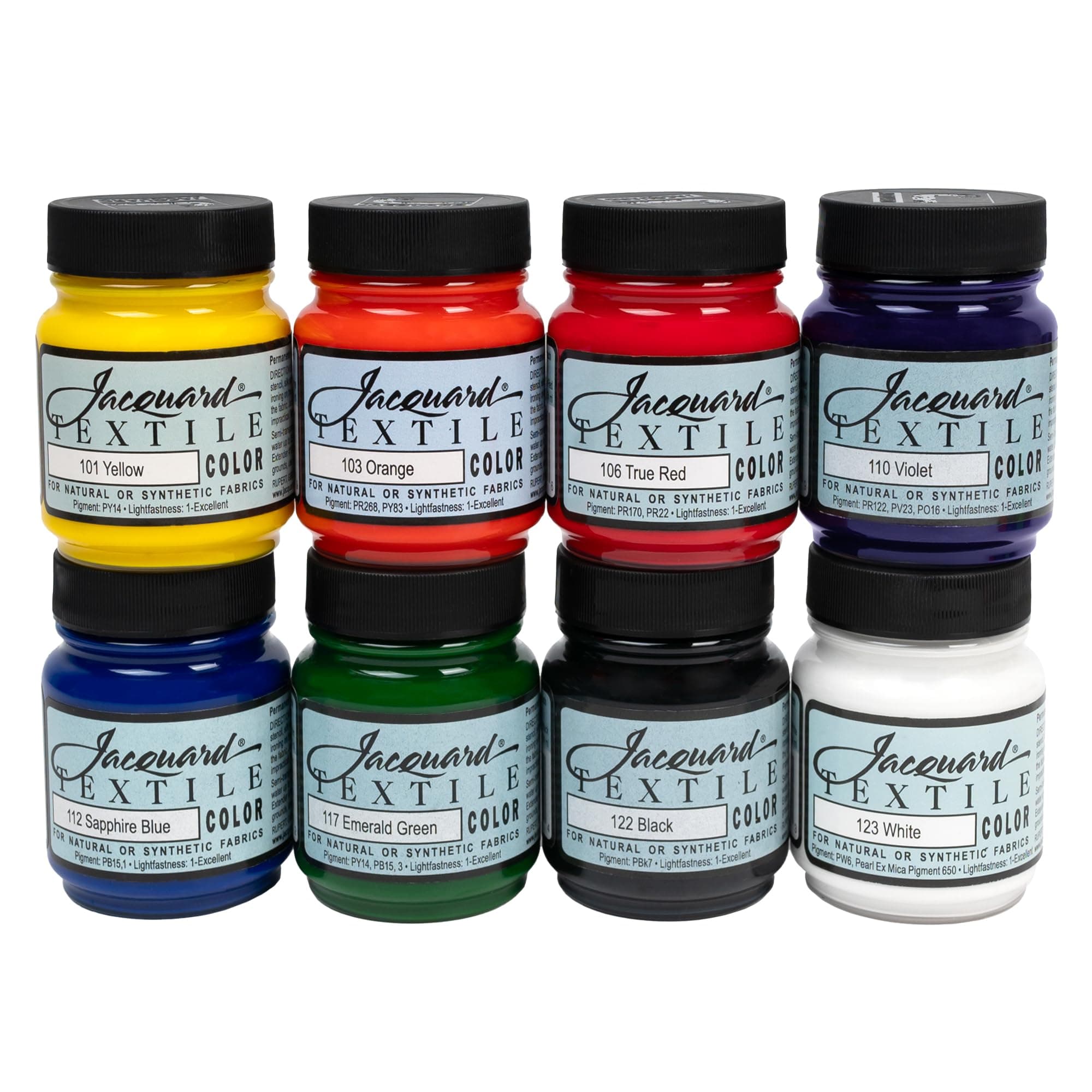 Jacquard Textile 8 Color Primary/Secondary Color Set - Permanent Fabric Paint for Clothes, Furniture Upholstery, Shoes & Bags - Indoor & Outdoor Fabric Paint Set - 2.25 Oz Jars Upholstery Fabric paint
