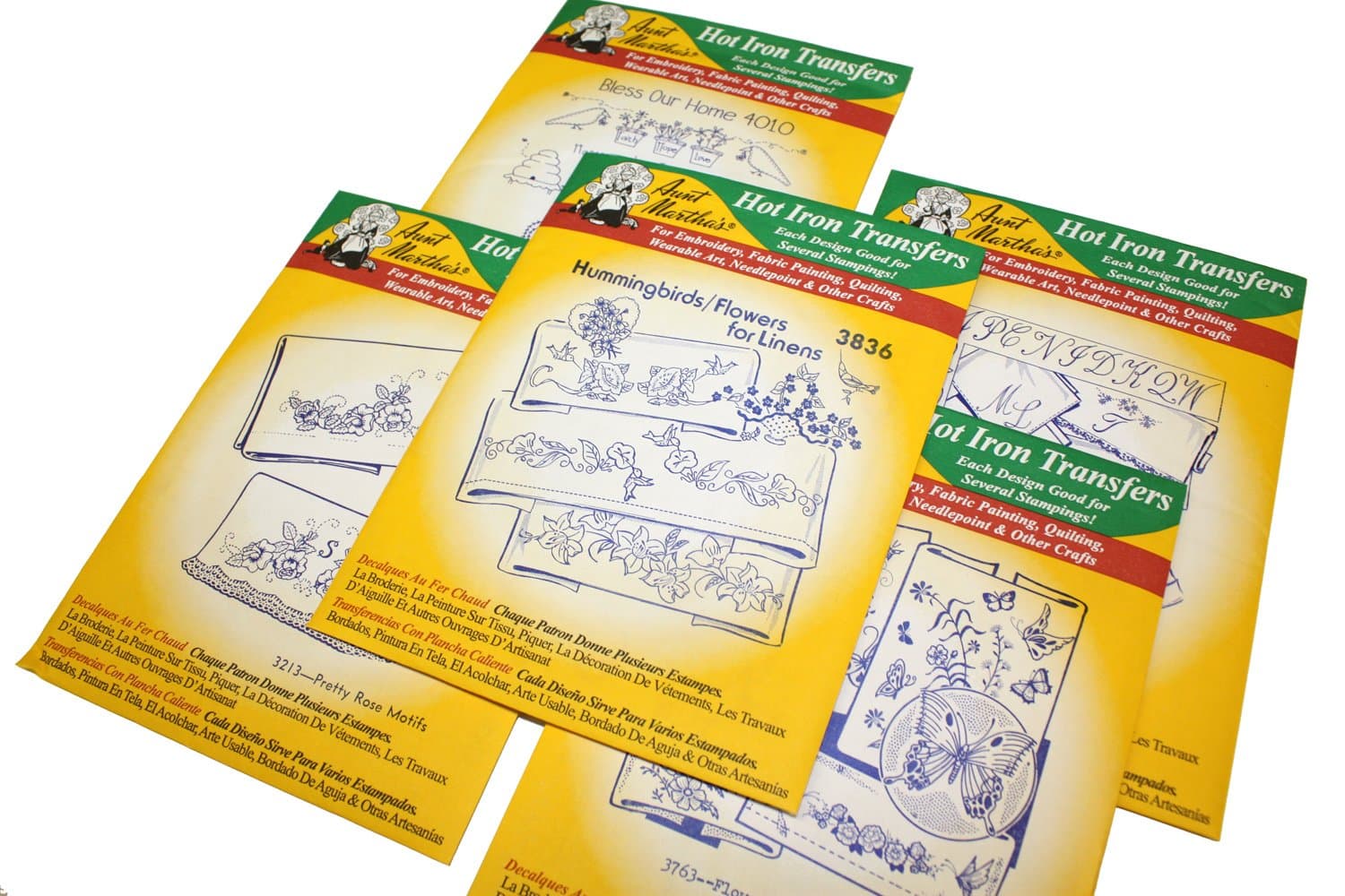 Aunt Martha's Iron On Transfer Patterns for Stitching, Embroidery or Fabric Painting, Patterns for Linens, Set of 5