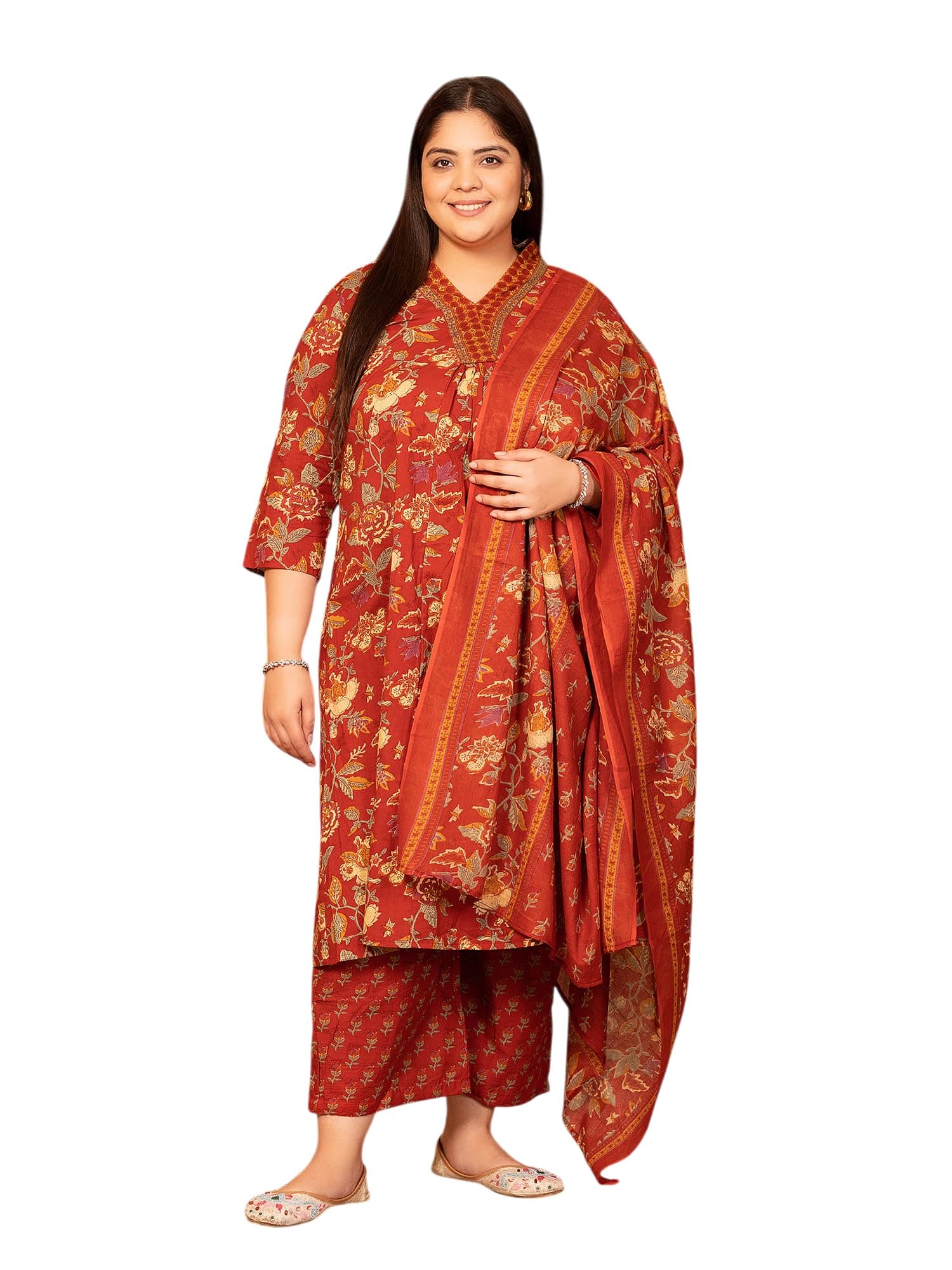 MEERA FAB Women's Cotton Blend V-Neck Plus Size Kurta Printed Kurta with Palazzo & Dupatta Set