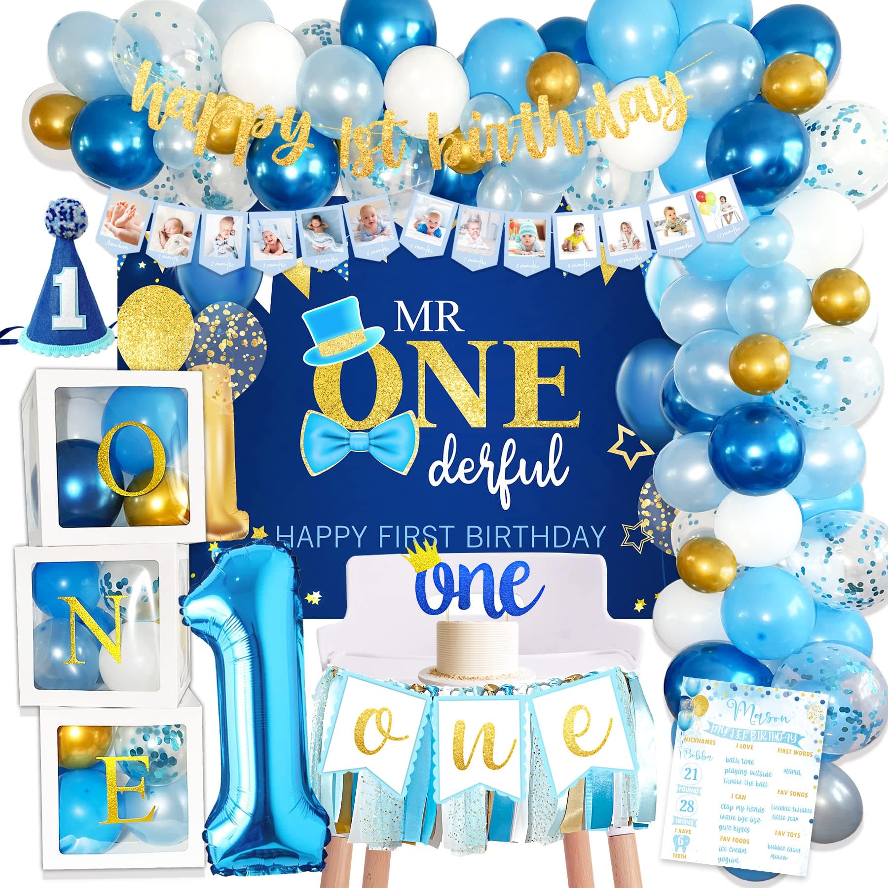 Baby Boy 1st Birthday Decorations, 1st Birthday Boy Decorations, Baby First Bday Party Supplies, Balloon Boxes, Backdrop, High Chair Banner, Crown, Photo Banner, Balloon Garland for One Year Old