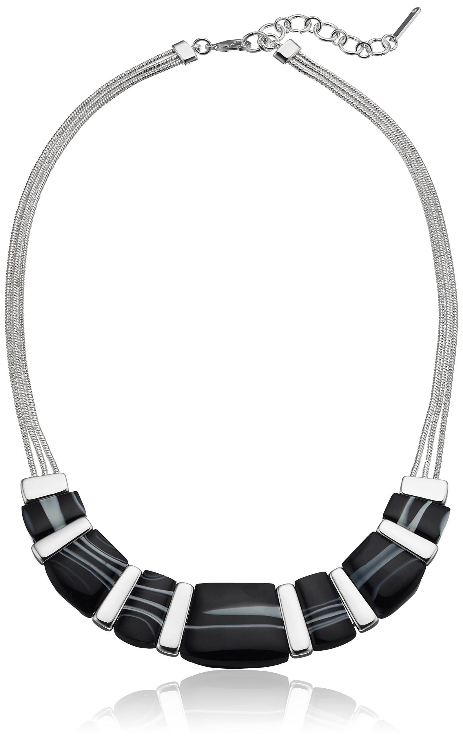 Silver-Tone and Black Agate 16" Frontal Necklace, 16" + 2" Extender