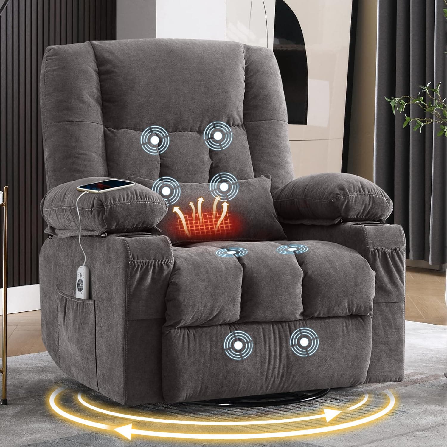 Massage Swivel Recliner Chair with Vibration Massage and Lumbar Heating for Adults,Oversized Rocker Recliner Single Sofa with Side Pocket,Two Cup Holders and USB Charge Port for Living Room