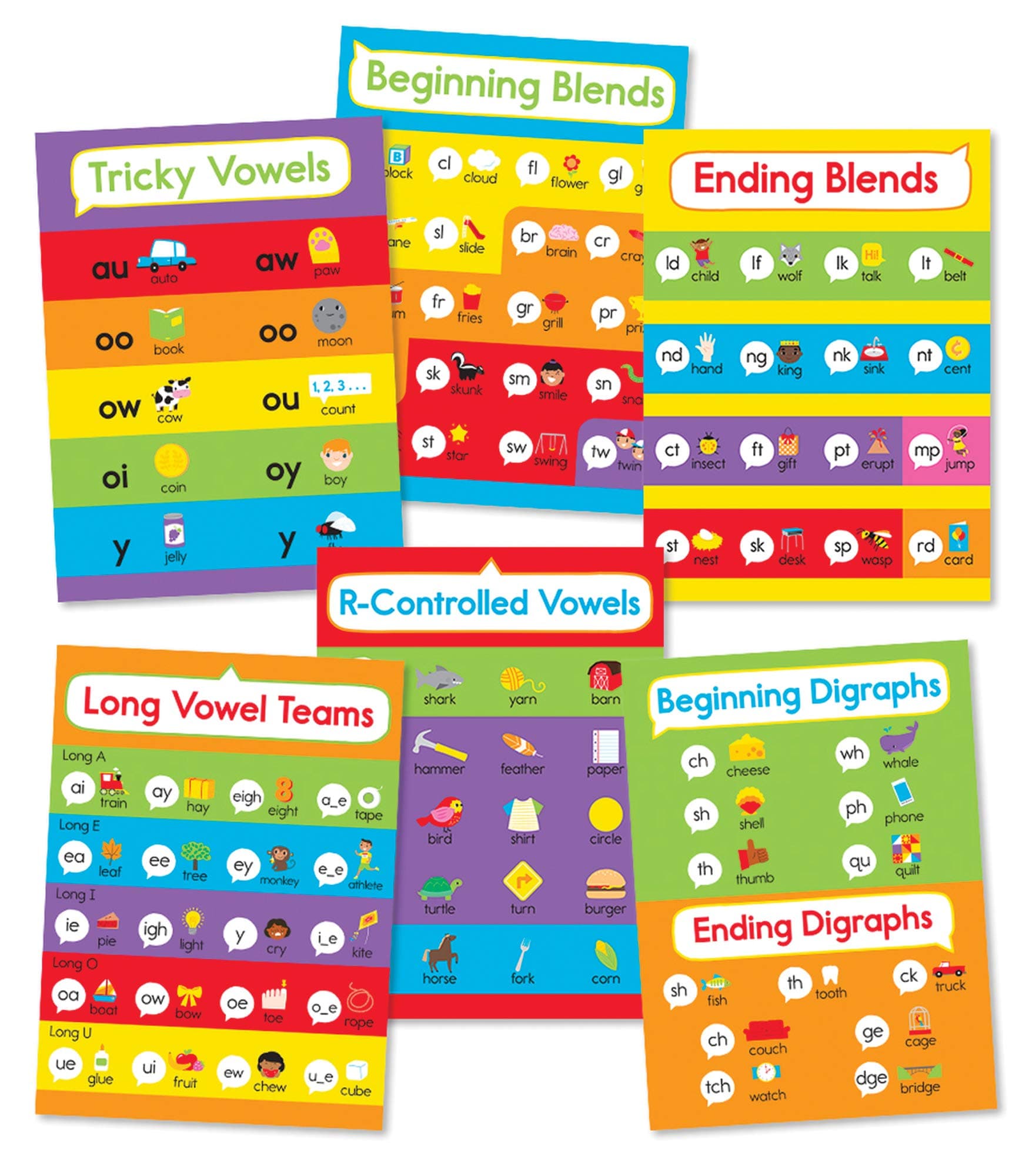 Carson Dellosa 6-Piece Phonics Charts, 8.5" x 11" Vowels, Digraphs, and Blends Posters, Wall Art for Circle Time Learning Center, Language Arts Classroom Decor, and Teacher Supplies