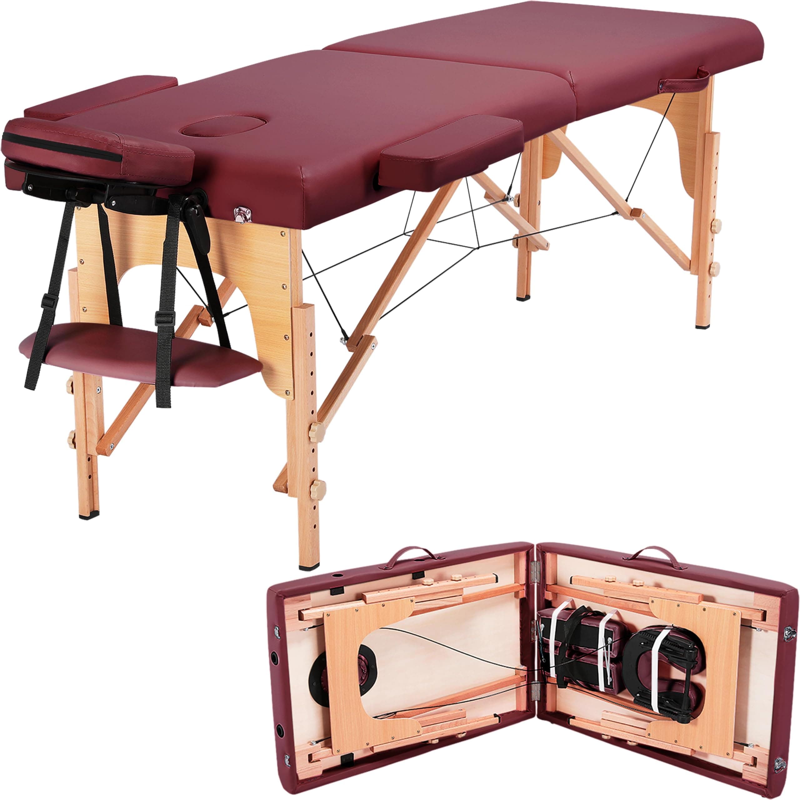 Yaheetech Massage Tables Portable Massage Bed Massage Therapy Table Spa Bed 84 Inch Adjustable 2 Fold Salon Bed Face Cradle Bed with Non-Woven Bag, Burgundy