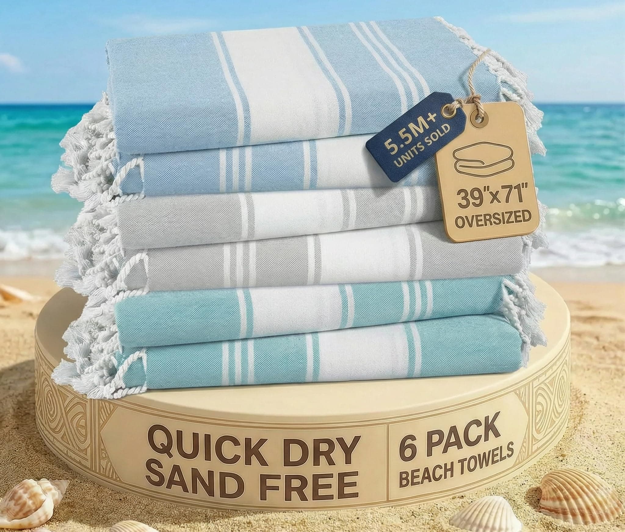 LANE LINEN Beach Towels 6 Pack, Bulk Beach Towels Oversized, Pool Towels for Adults, Pre-Washed, Sand Free Beach Towel, Fast Drying Beach Towel, 39"x71" - Classic Color