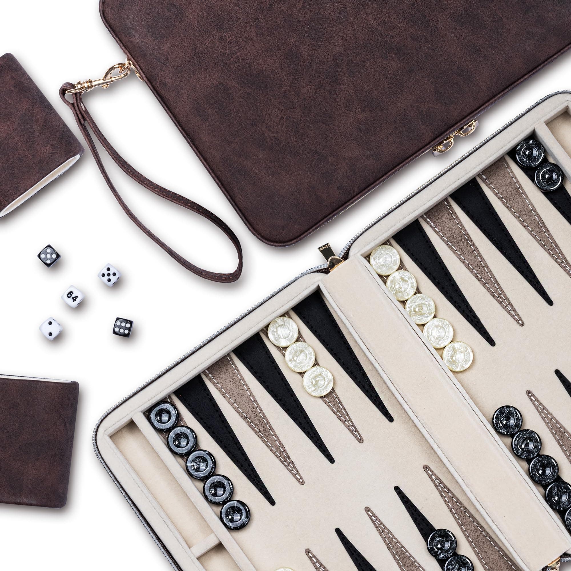 Backgammon Sets for Adults, Classic Board Game with Folding Faux Leather Backgammon Case, Portable Travel Backgammon Game Set (Brown)