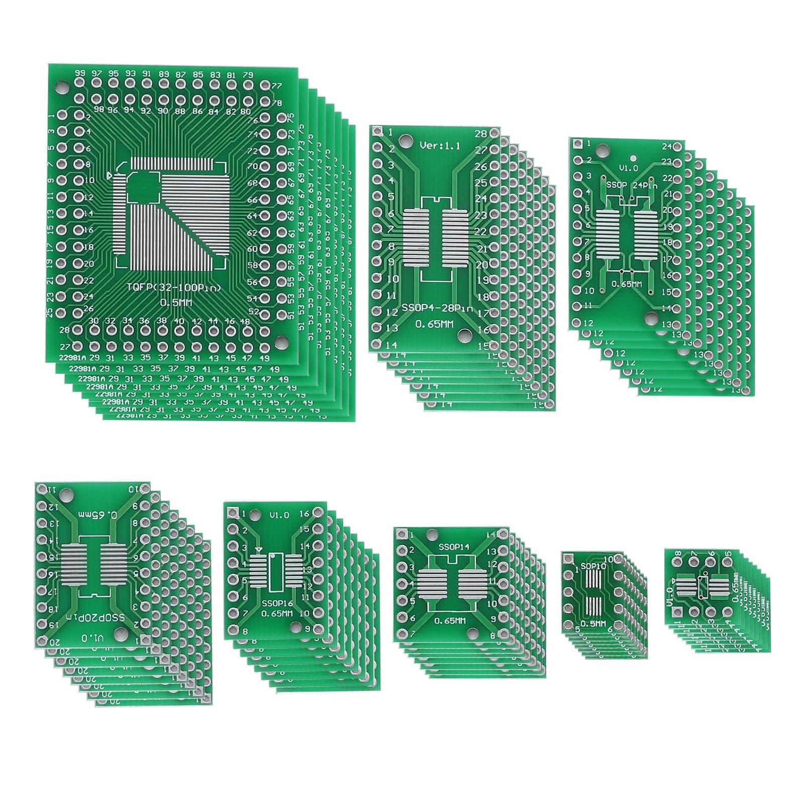 80PCS 8 Vaules PCB Proto Board Kit SMD Turn to DIP Adapter Converter Plate SOP MSOP SSOP TSSOP SOT 8 10 14 16 20 24 28 TQFP 32 44 64 84 100