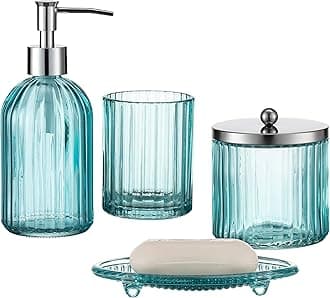 4PCs Heavy Weight Decent Glass Bathroom Accessories Set with Decorative Pressed Pattern - Includes Hand Soap Dispenser & Tumbler & Soap Dish & Toothbrush Holder (Blue)