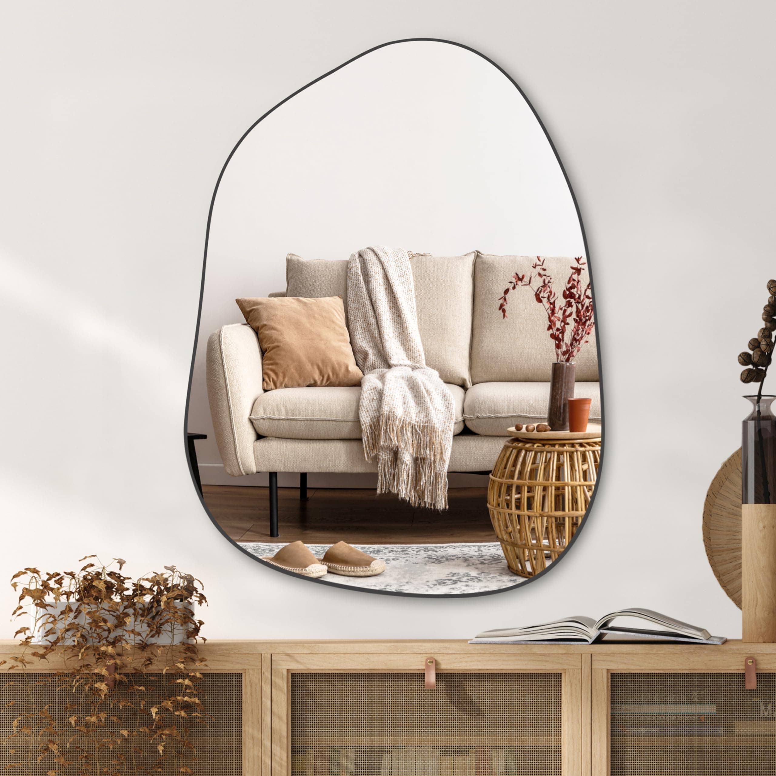 PERFNIQUE Irregular Wall Mirror Asymmetrical Mirror, Black Wood Framed Mirrors for Bathroom Bedroom Living Room Entryway, Decorative Modern Wall Decor, Wall Mounted (Black, 32''x24'')