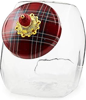 MACKENZIE-CHILDS Cookie Jar with Lid, Large Glass Cookie Jar with Enamel Lid, 1-Gallon Capacity, Red Tartan