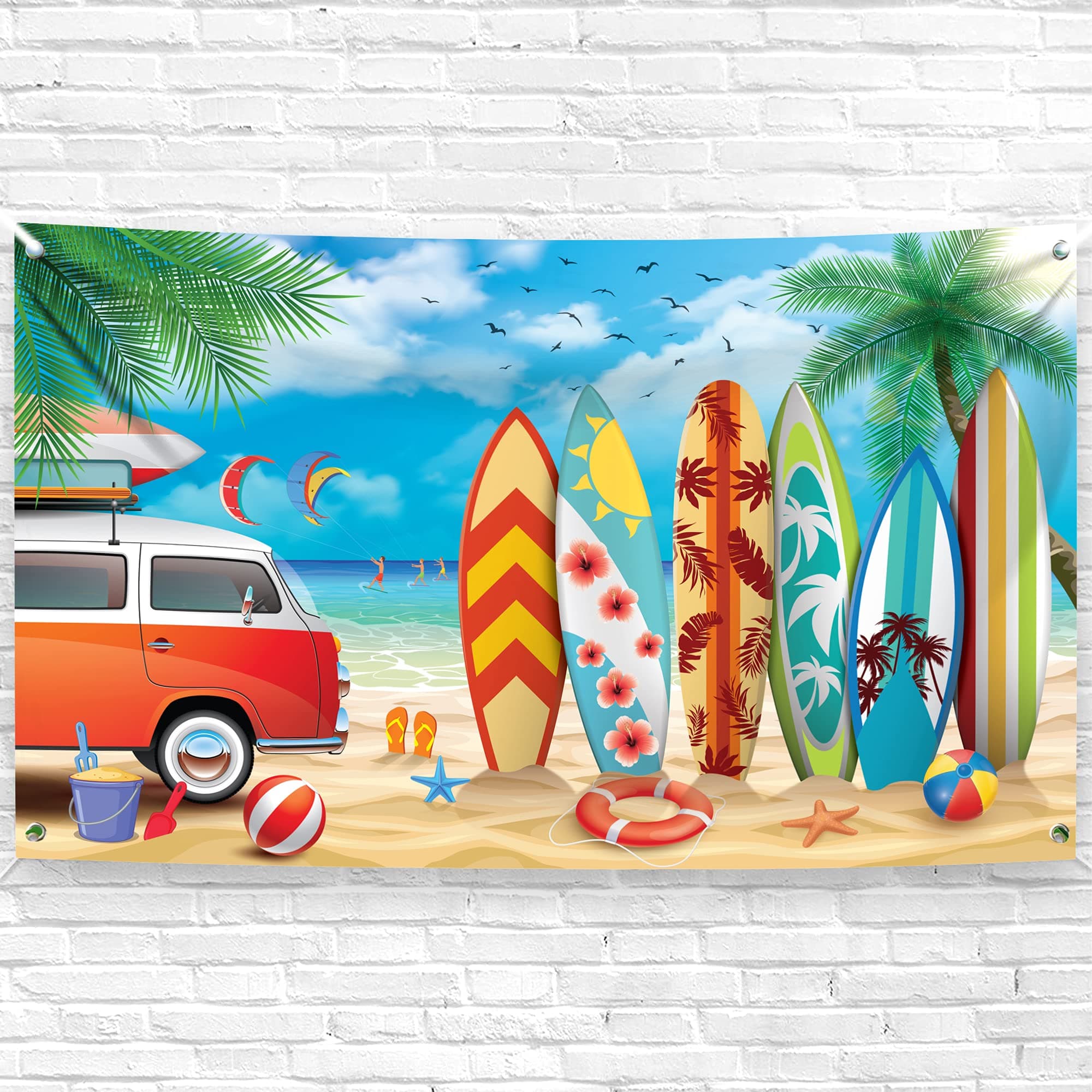 KatchOn, Xtralarge Beach Backdrop for Photography - 72x44 Inch | Aloha Blue Sky Ocean Palm Tree with Surfboard Background | Surfboard Backdrop, Surf Board Decoration | Surf Decorations For Party