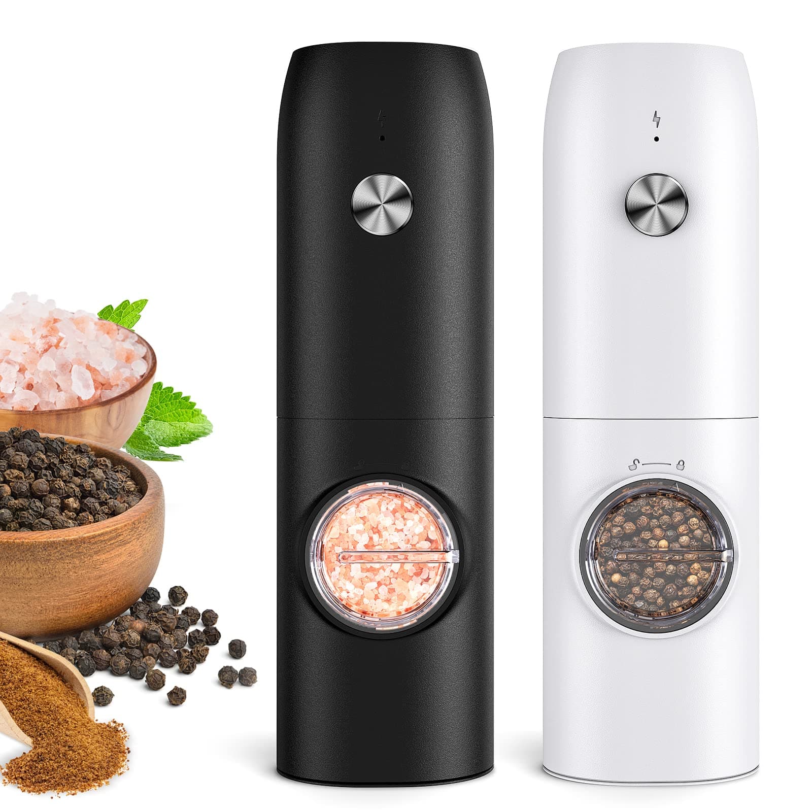Electric Salt and Pepper Grinder Set, USB Rechargeable Kitchen Gadgets-Automatic Salt and Pepper Mill with Adjustable Coarseness, One-Hand Operation Built-in LED Light, Type-C Charging - 2 Pack
