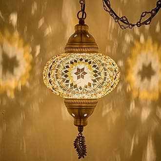 DEMMEX Plug-in Turkish Moroccan Mosaic Hanging Pendant Ceiling Light – Swag Lamp Fixture with 15ft Cord & Chain, Handcrafted Glass, Vintage Tiffany Style, Mediterranean Exotic Decor, Amber Brown