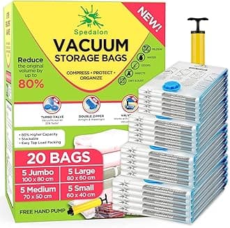 Vacuum Storage Bags - Pack of 20 (5 Jumbo + 5 Large + 5 Medium + 5 Small) ReUsable with free Hand Pump for travel packing | Best Sealer Bags for Clothes, Duvets, Bedding, Pillows, Blankets, Curtains