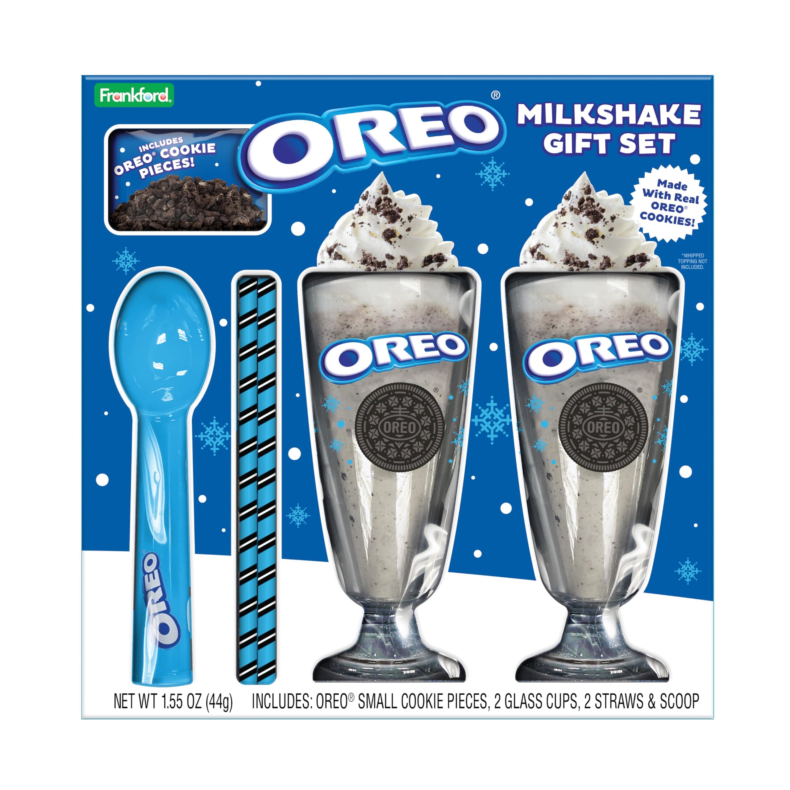 Frankford Candy OREO Cookies and Cream Milkshake Gift Set with Cookie Pieces, 2 Glass Cups, 2 Straws, and Ice Cream Scoop
