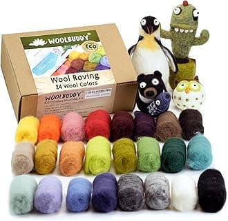 Woolbuddy Wool Roving Kit – 24 Assorted Corriedale Colors with Felting Guide – Clean, Carded Core Wool for Needle & Wet Felting – Craft Supplies for All Levels