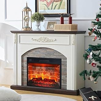 44Inch Electric Fireplace with Mantel, White Fireplace Heater with LED Flame, Corner Firebox with 23" Red Brick Firep lace Insert for Bedroom,Living Room