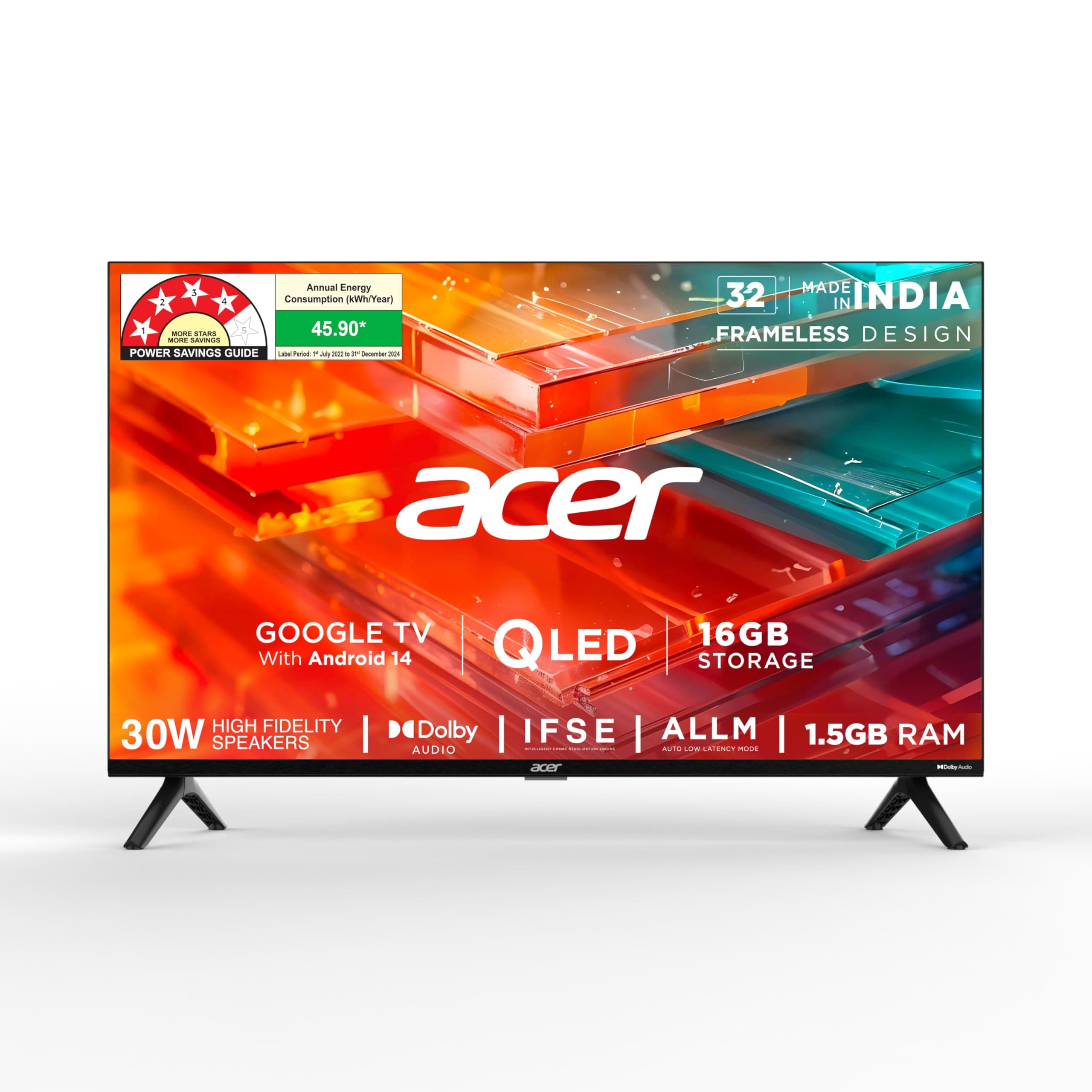acer 80 cm (32 inches) V Pro Series HD Ready Smart QLED Google TV with Android 14 (Black) | 16GB Storage | 30W Dolby Audio