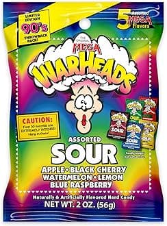 Warheads Extreme Sour Hard Green Apple, Black Cherry, Blue Raspberry, Lemon, and Watermelon Candy Pouch, 56 G, 57 Grams