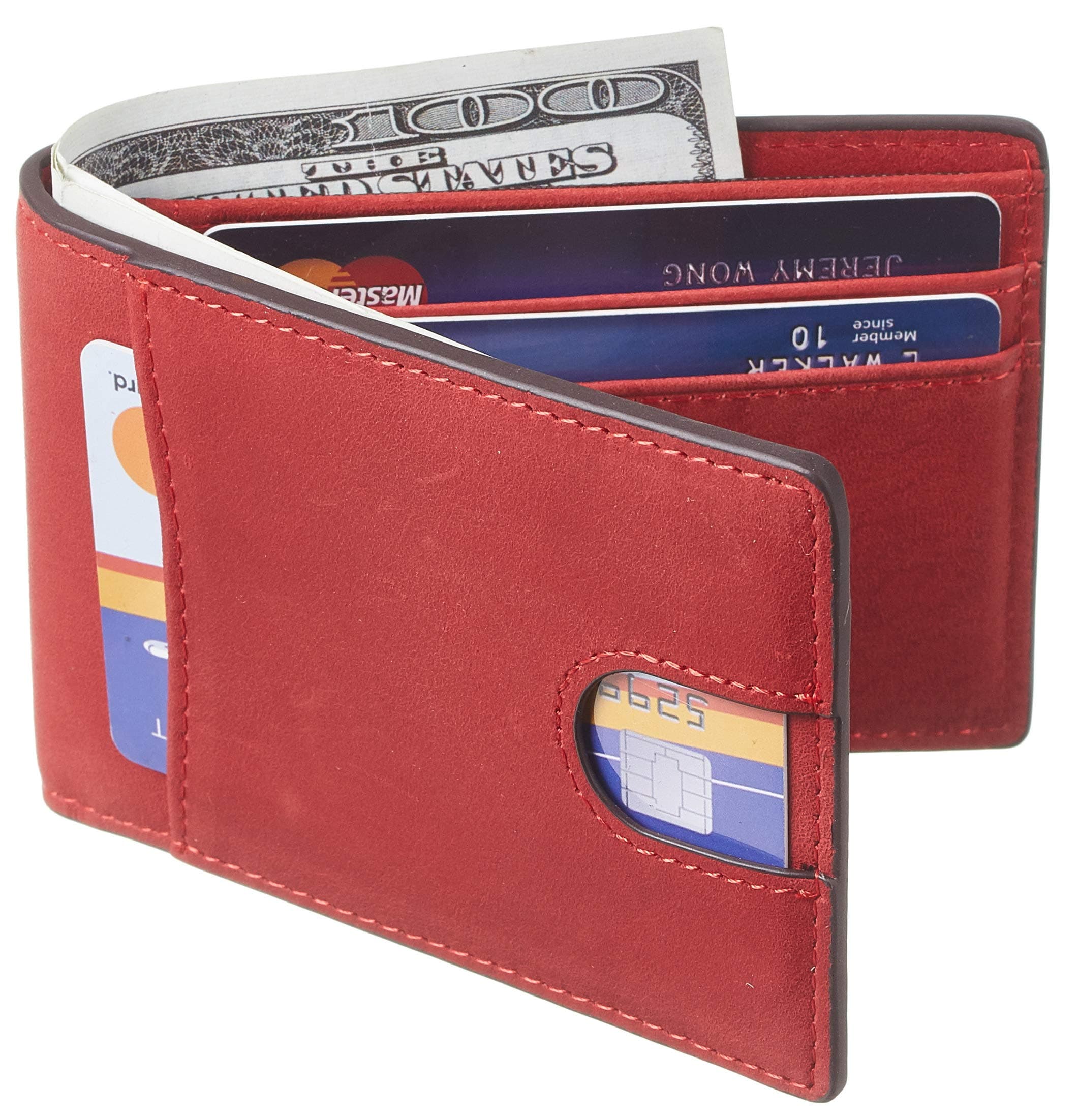 Casmonal Mens Leather Wallet Slim Front Pocket Wallet Billfold RFID Blocking(Vintage Red Premium)