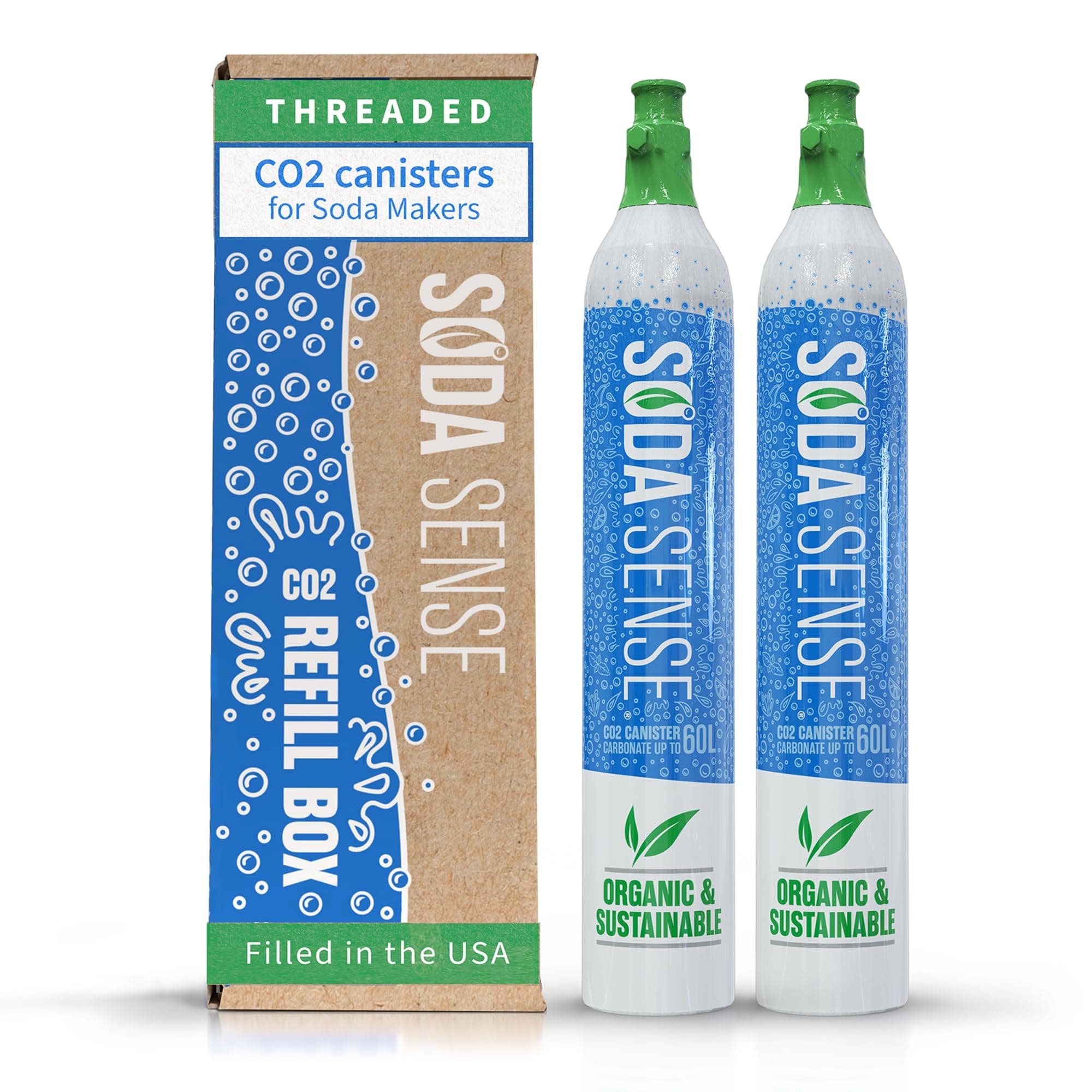 Soda Sense 60L CO2 Exchange Canister - 2 Pack, Threaded Style - Compatible with All 'Screw-In' Soda/Sparkling Water Makers, Including SodaStream BLUE Cylinder Models, Ninja Thirsti, Philips & More