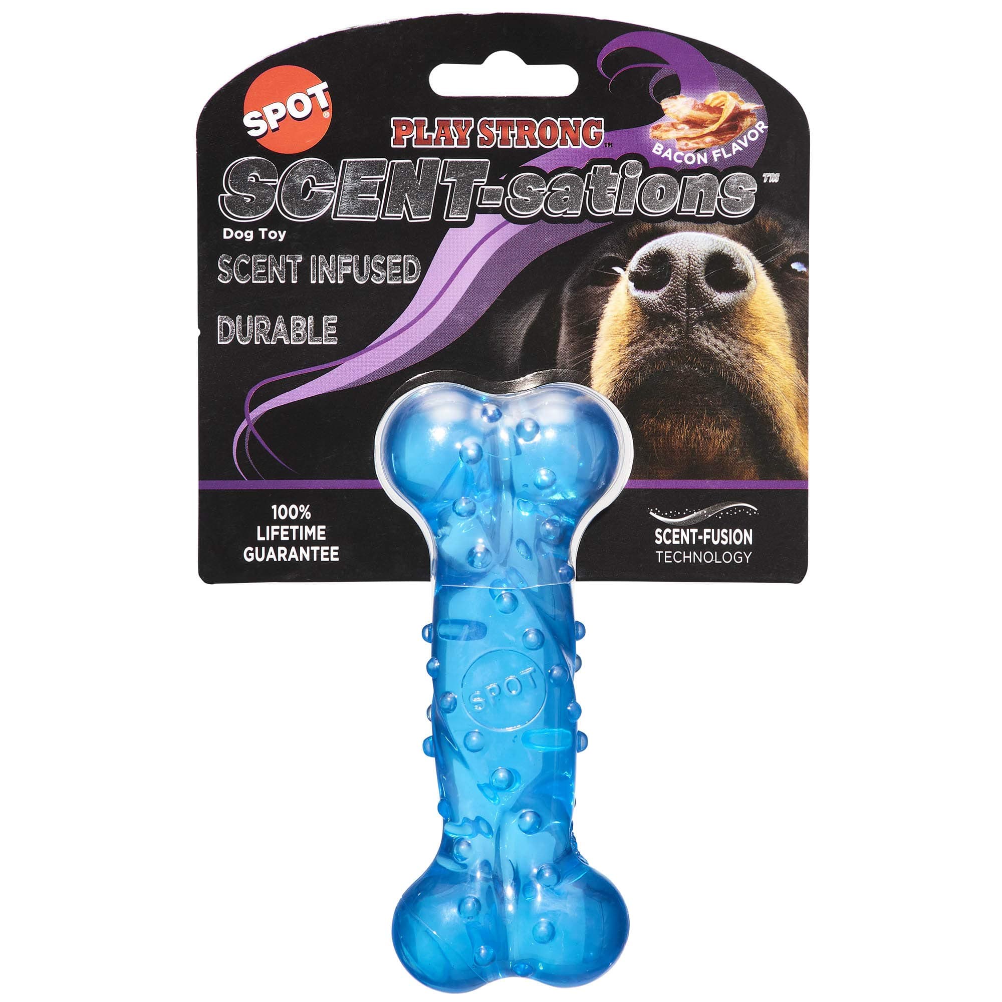 Play Strong Scent-sations Bone - Scent-Infused, Strong, Durable TPR Rubber, Heavy Duty Dog Toys for Aggressive Chewers up to 45lbs, Perfect for Small & Medium Breeds, 5in, Bacon Flavored
