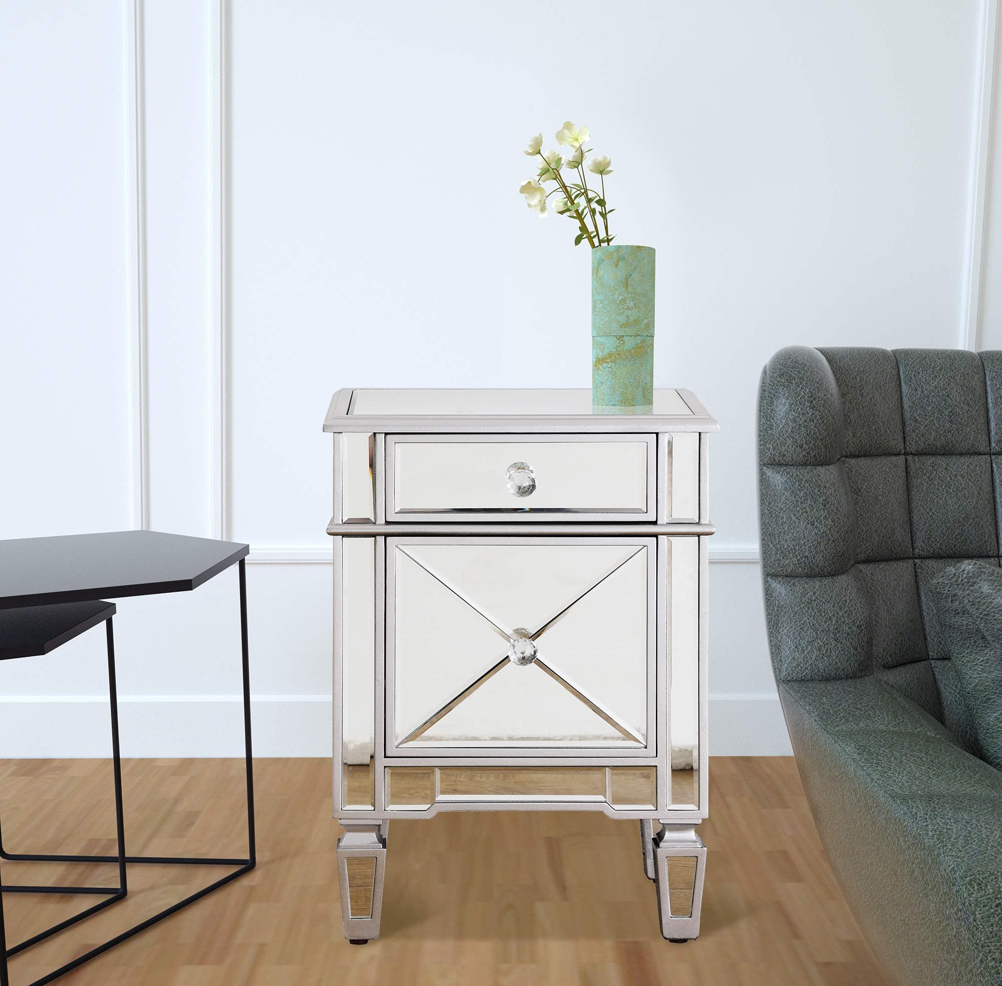 Mirrored Nightstand Bedside End Table, GA Home Storage Accent Chest 1 Drawer 1 Cabinet with Faux Wood Frame and Mirror Finish, 24" H x 16.5" W x 12.6" D, Silver