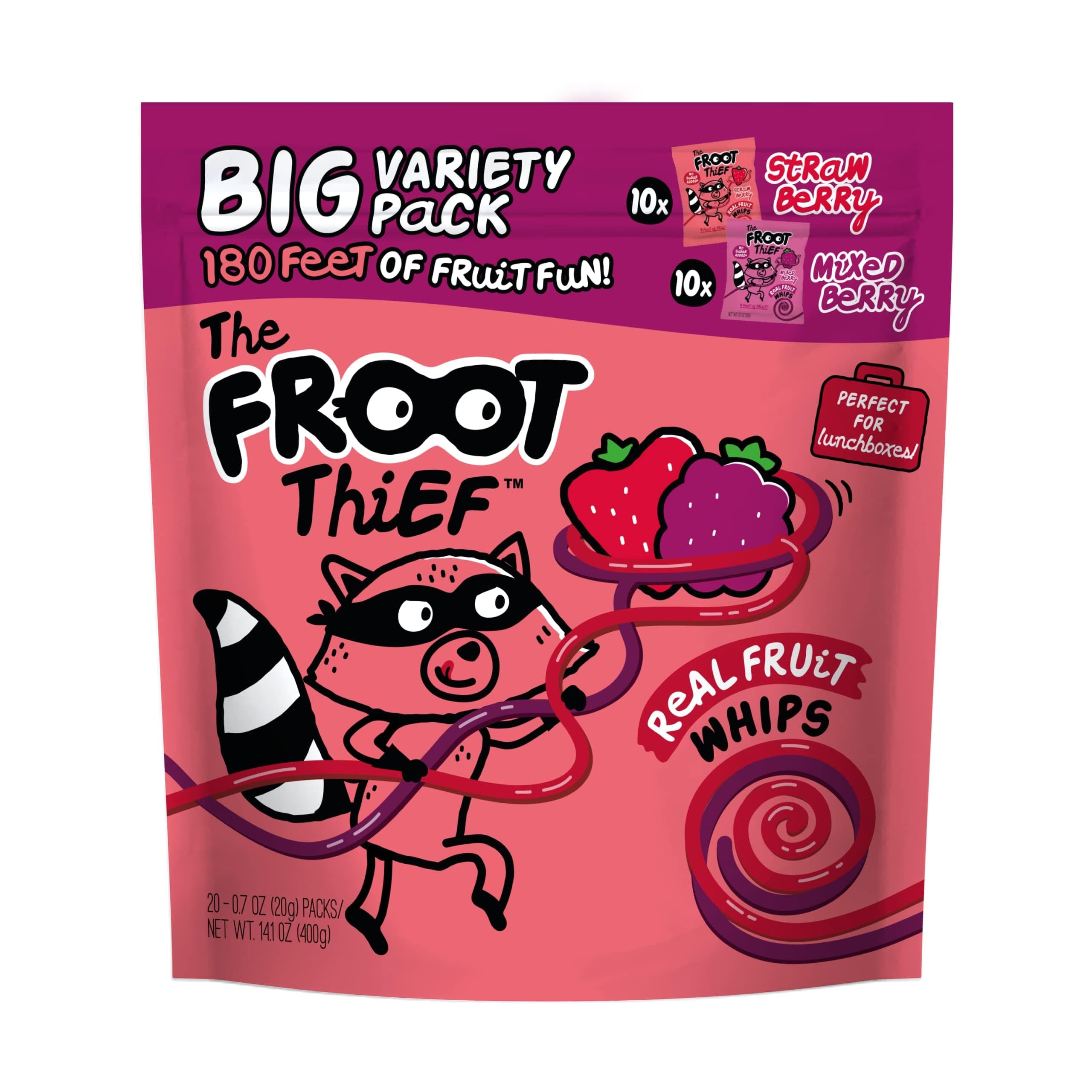Real Fruit Snack Whips BIG Variety Pack, Nut Free, Individual Bags for Kids School Lunches, 10xStrawberry, 10xMixed Berry