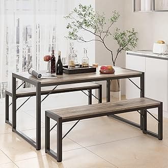 Gizoon 45.5" Dining Table Set for 4, Kitchen Dining Table with 2 Benches, Dining Room Table Set with Metal Frame & MDF Board, Space-Saving Dinette for Kitchen, Dining Room -Grey